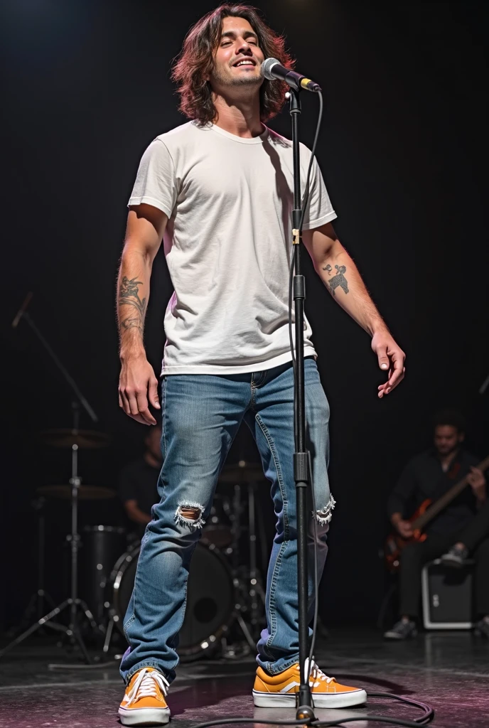 singing at a rock concert, he is the singer and leader of his own metal band, he is wearing an open jean jacket, and only suspenders covering part of his hip, but his big penis sticks out of the erect suspender, his His penis is huge, long and thick, and he is shooting liters of semen, his body is muscular and hairy, in one hand he is holding the microphone and with the other hand he is pointing at the viewer, transmitting all his rock and sexual energy, he is winking a watch while he enjoys an explosive orgasm, in the background you can see the rest of the band members playing incessantly, on a hot day under the sun, he has a beautiful well-groomed beard