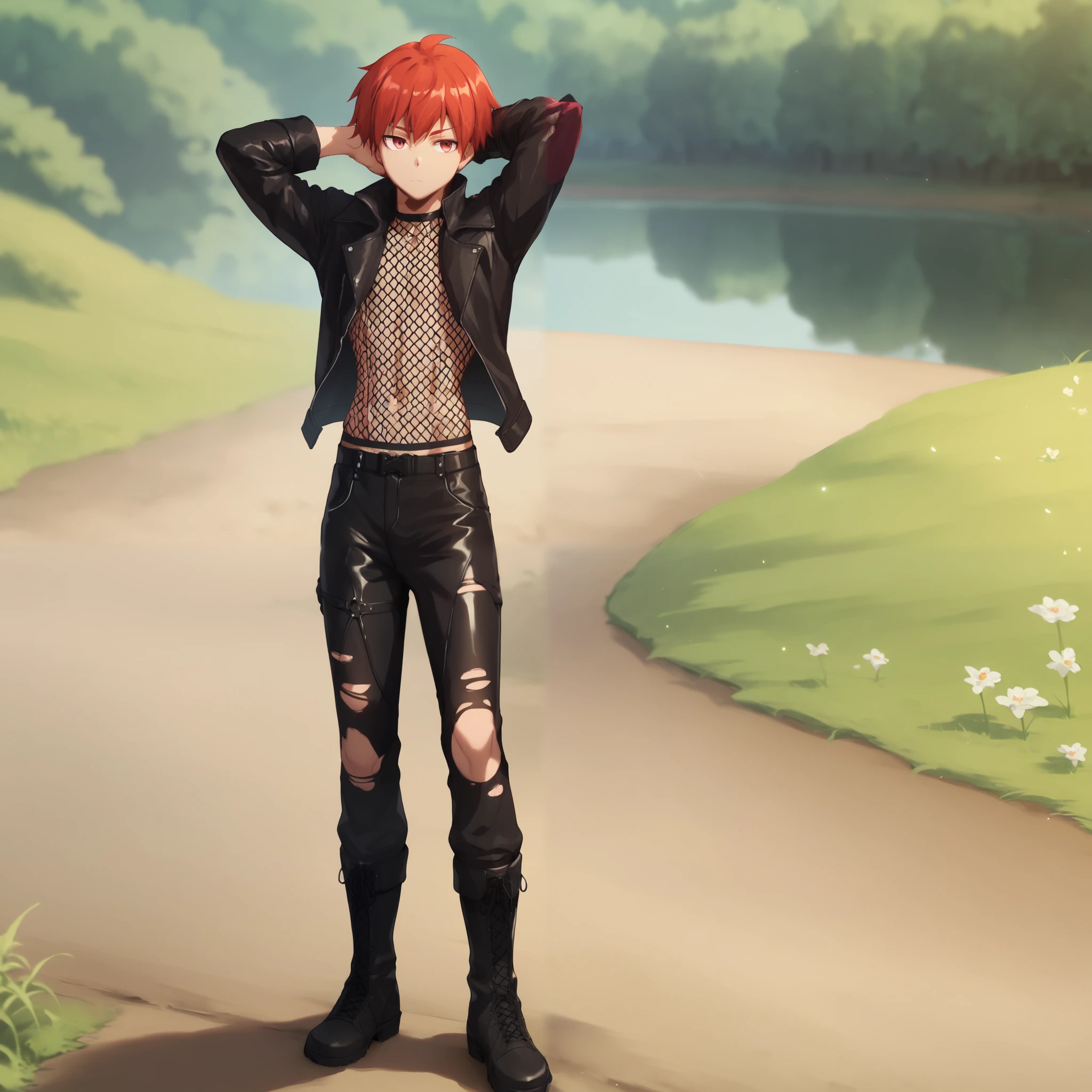 Score_9, score_8_up, score_7_up, Karma Akabane, male, red hair, red eyes, solo:1.4, wearing leather jacket, black fishnet shirt, black torn pants, black combat boots, hand behind head, outdoors, grinning, grinning, standing