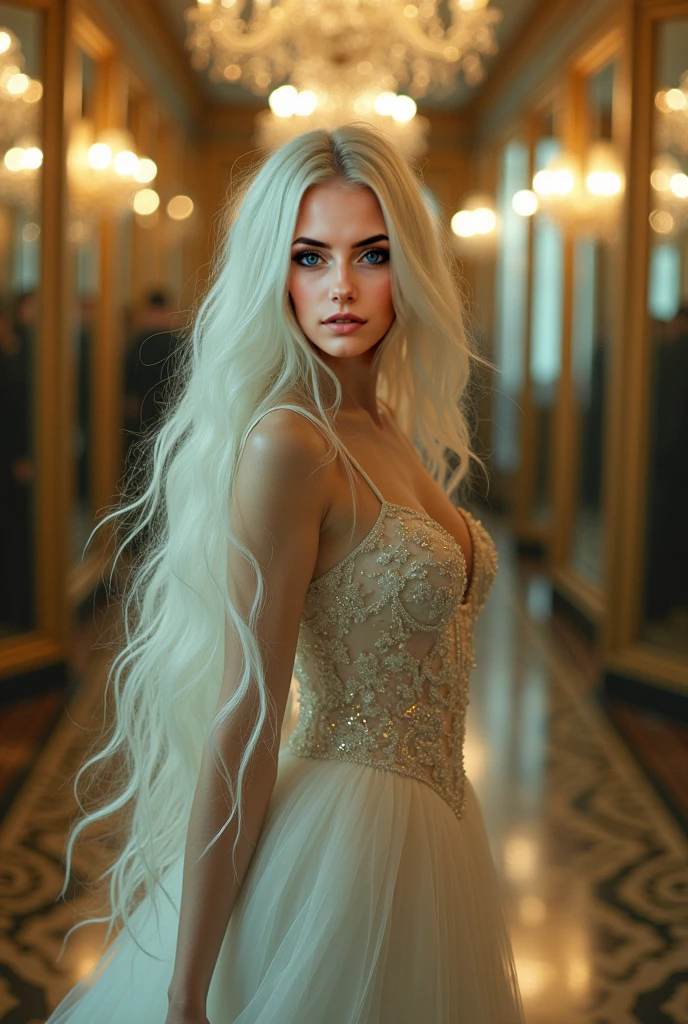((best qualityer)), ((work of art)), ((detailded)), a beautiful young woman, young white color, Long, wavy hair, White hair, blue colored eyes, raio de luz através do White hair, elegant outfit, elegant pose, top quality picture, super realistico, 8 k quality, ultra realisitic, cinema quality