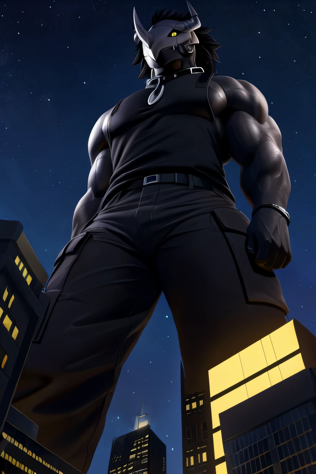 (black wargreymon), black skin, black helmet, black mane, black sclera, yellow eyes, male, black sleeveless sweatshirt, cargo pants, collar, fancy, night sky, macro in miniscule city, ((full body)), low angle