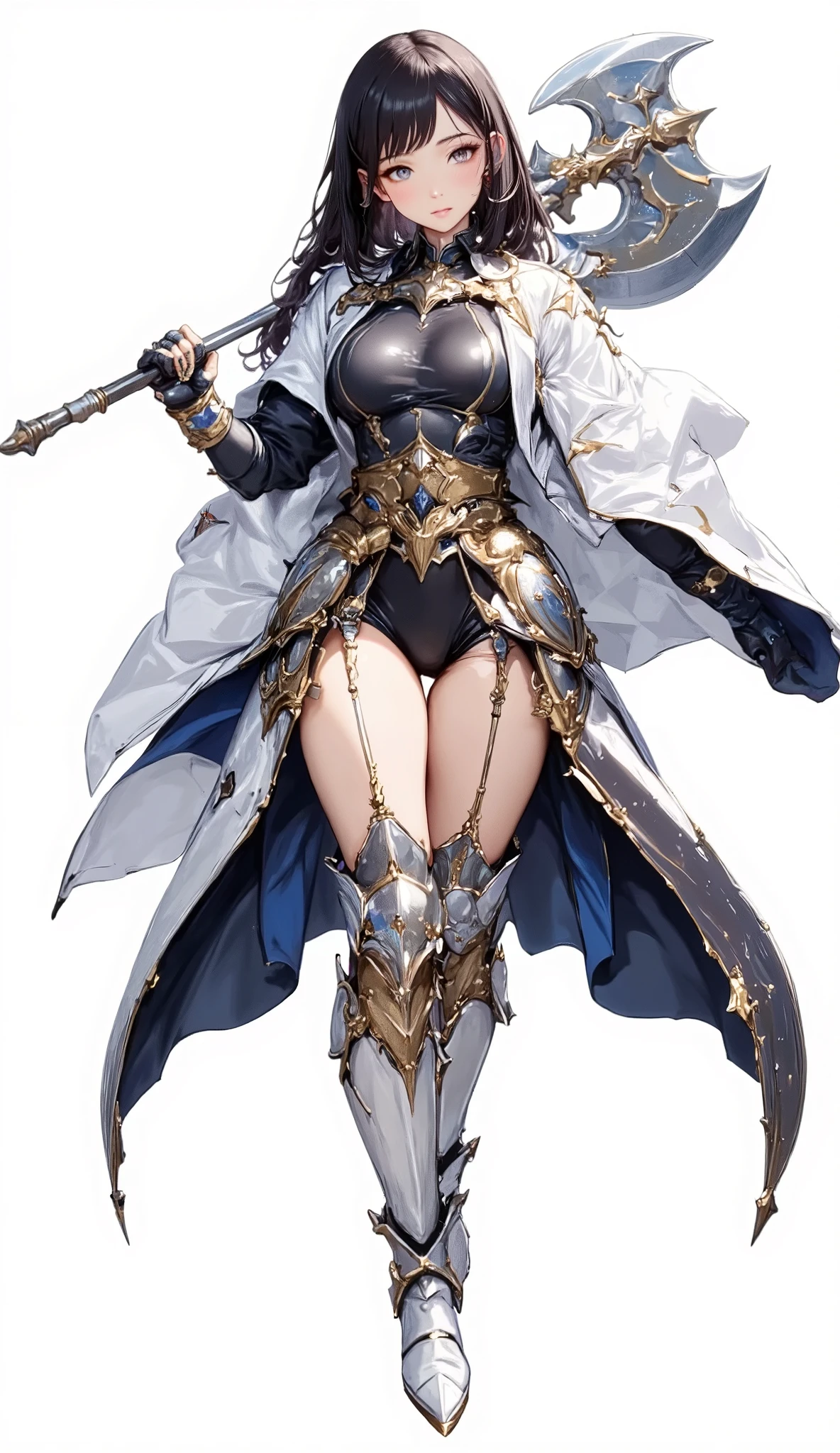 (Masterpiece:1.5,Top Quality:1.3,Amazing Quality:1.3), (Anime Character), ((nsfw)), Solo, Full Length, Chiara, 1 Girl, ((Sexy cute woman:1.5)), White Skin, Silver Gauntlets, Silver Boots, Western Armor, Shining Clothes, gleaming decorations, ((with big axe type weapon:1.6)), (Cool fighting stance:1.2), (Wielding a weapon:1.5),pulsatile, The best of the Middle Ages, Female warrior, ready to fight, glamorous, black hair, gothic dress, muscular body, sophisticated and glittering medieval armor, beautiful, very precise and delicate animation, vivid colors, unreal world, fantasy delusion, ((full body view)), (((not background, White background))),