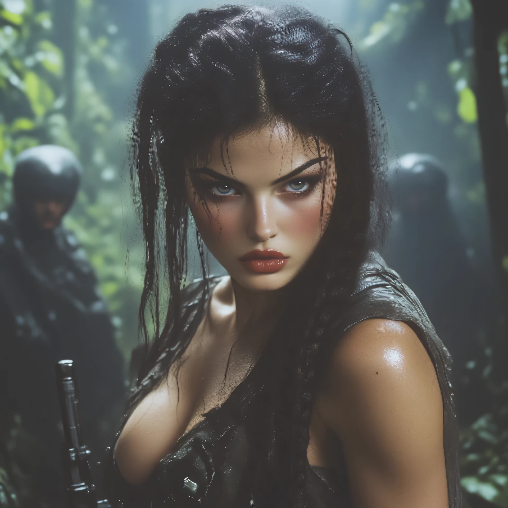 Beautiful young woman with long jet-black hair clutched in a braid. Luminous light porcelain skin, blue eyes, thick reddish lips, subtle makeup . She is wearing a black tank top with military pants that highlight her figure. He's holding a fake submachine gun in the middle of a fake military base