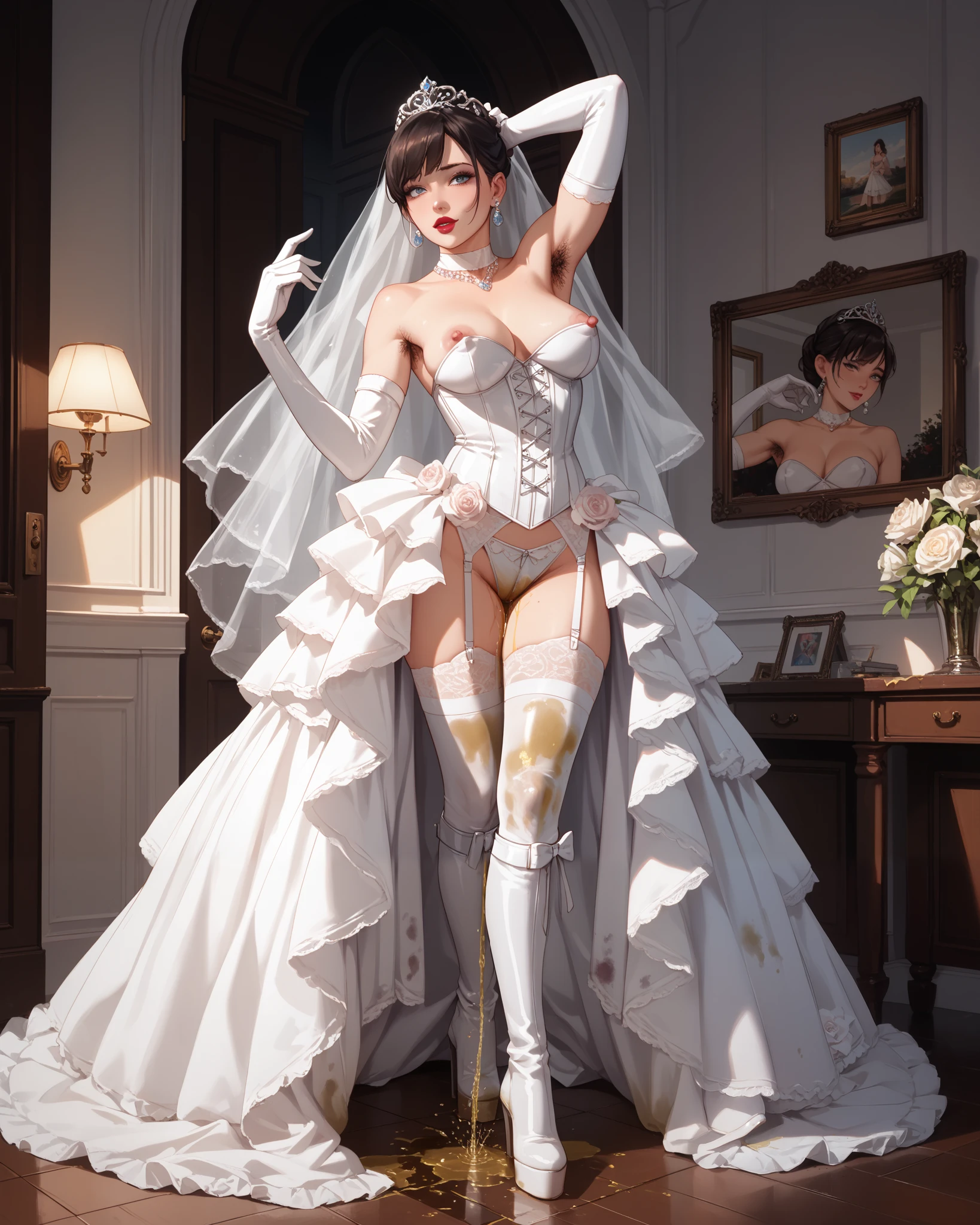 ((Back view:1.4)),looking straight to viewer, ((light black hair:1.4)), sexy aesthetic, There is a woman in a robot suit ((posing inside futuristic titanic ship quarters)), ((rose from titanic)), ((off white aesthetic:1.5)), ((Beautiful white girl half cyborg)), (gigantic breasts:1.7), Cute cyborg woman, (ass air bags),, ((official art)),(((Masterpiece))),(Best Quality), (Super Detail),((Very Delicate and Beautiful)),cinematic lighting,1 girl,((full body portrait)),((standing confident)),((solo)), an hourglass waist,padded and corseted bodice,(((huge crinoline hoopskirt))),long train,((gorgeous embroidery and jeweled)),voluminous frills,See-through,(gorgeous embroidery and beautiful lace),(((extremely gigantic tits,skindentation))),cleavage,((short hair,extremely voluminous Hair buns,red Hair)),(finely detailed face and eyes),clear pupil,extremely gorgeousfull hair ornament,(bling-bling jeweled extremely gorgeousfull tiara),(bling-bling gorgeous gemstone jewelry),gorgeous long veil,((opera gloves)),(beautiful background),(full body),((gorgeous embroidery and jeweled extremely gorgeous princess rococo ballgown with voluminous full length hoop skirt)), Beautiful girl cyborg, (kate winslet face), (puffy lips), Perfect Robot Girl, Cyborg girl, ((holding dress up with hands)), intricate details, Young cyborg lady, Beautiful Female Robot, ((robotic abs:1.4)), intricate holes on hips, Beautiful robot woman, cyborg girl, perfect cyborg female, ((cyborg)), Female robot, Beautiful cyborg images, (cinematic lighting))