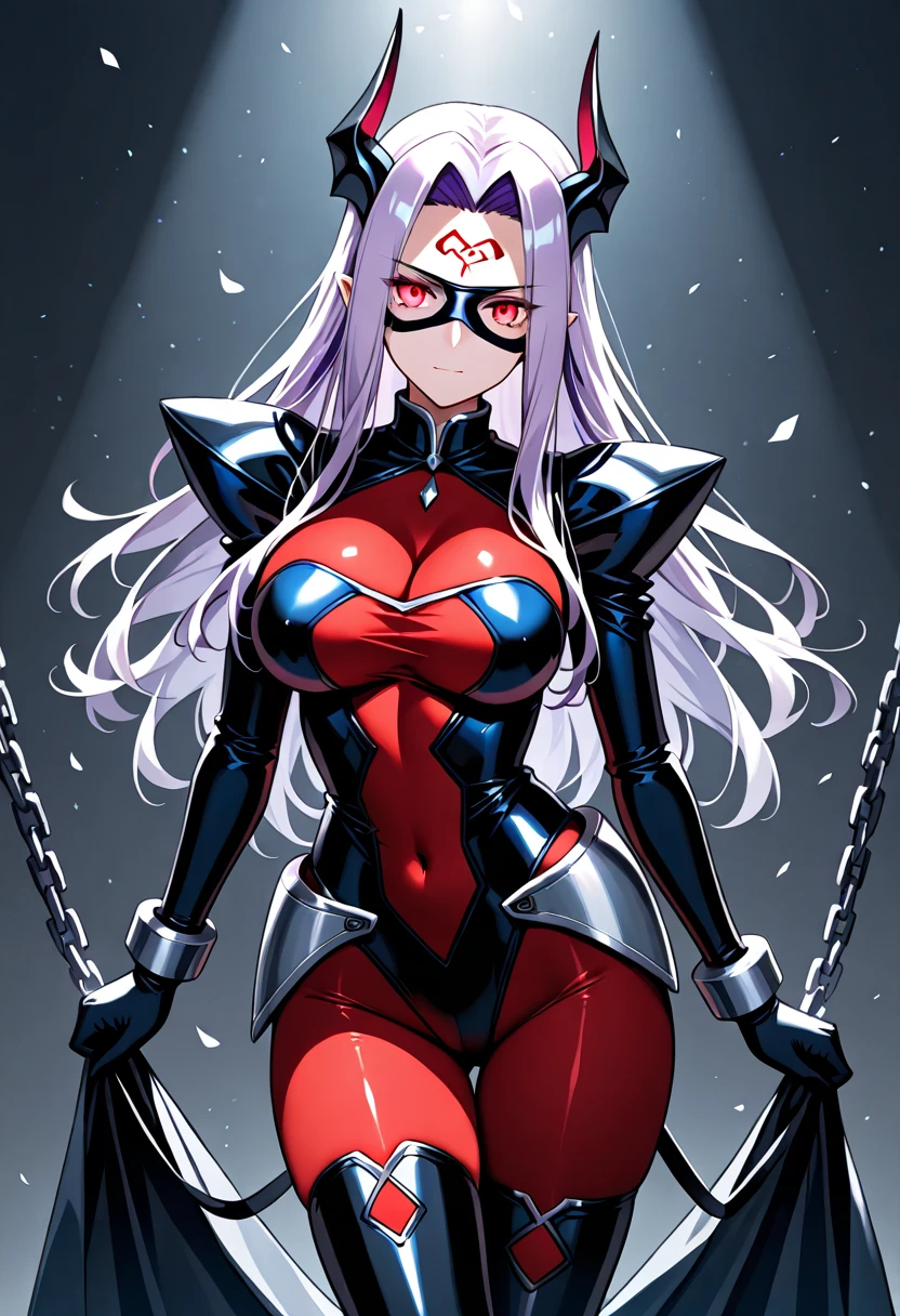 Hero Masks Style, domino mask, 1girl, animal ears, bare shoulders, cleavage, corset, elbow gloves, gloves, hand on hip, long hair, makeup, navel, panties, rabbit ears, solo, underwear, white hair, <lora:HeroMasks:0.8>