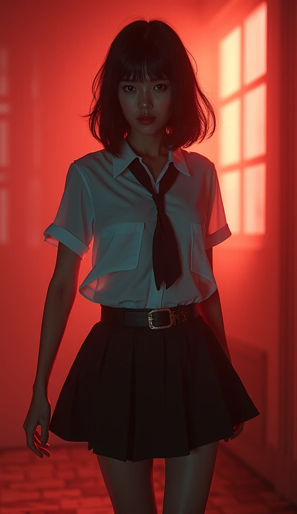 A beautiful Asian woman is being stabbed in her thigh with a cutter in hand of a man, view of a cutter blade lodged into her bleeding thigh, he is repeatedly cutting her bleeding thigh with a cutter, nsfw, she has long legs, uniform with tie, denim micro miniskirt, boots, suffering expression, shouting, (best quality,4k,8k,highres,masterpiece:1.2),ultra-detailed,(realistic,photorealistic,photo-realistic:1.37),highly detailed face, detailed eyes and lips, extreme detailed skin, dramatic lighting, dark and gritty, horror, cinematic, intense colors, moody atmosphere