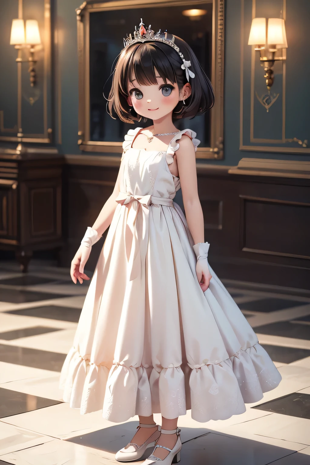 TOP QUALITY、high definition、(HD:1.3)、masterpiece、detailed background、age beauty、 huge breasts、(very detailed face:1.3)、 detailed expressions 、(detailed eyes:1.2)、anatomically correct、(The soft chandelier's light is wide々gently illuminates the marble floor of the palace:1.5)、(spread out softly The girl with the hem of her princess dress gently swaying and sparkling:1.5)、(Gently pick up the glass shoes with your fingertips on delicate lace gloves)、The light shines like a jewel in the transparent shoes、Stand in front of a large mirror and smile softly while arranging the ribbon on her dress、Soft hair spilling through the gaps in the tiara、The light on her cheeks makes her look even more fantastic、When you slowly put on your shoes and stand up softly, the air changes softly as if magic had been cast、Back of the hall、The moonlight shines through a large window quietly floats the silhouette of the dress、Every time you go down the long stairs, the hem of the dress flutters softly and the glass shoes underfoot twinkle Reflects light、A beautiful and ephemeral time flows as if it had jumped out of a story、very beautiful