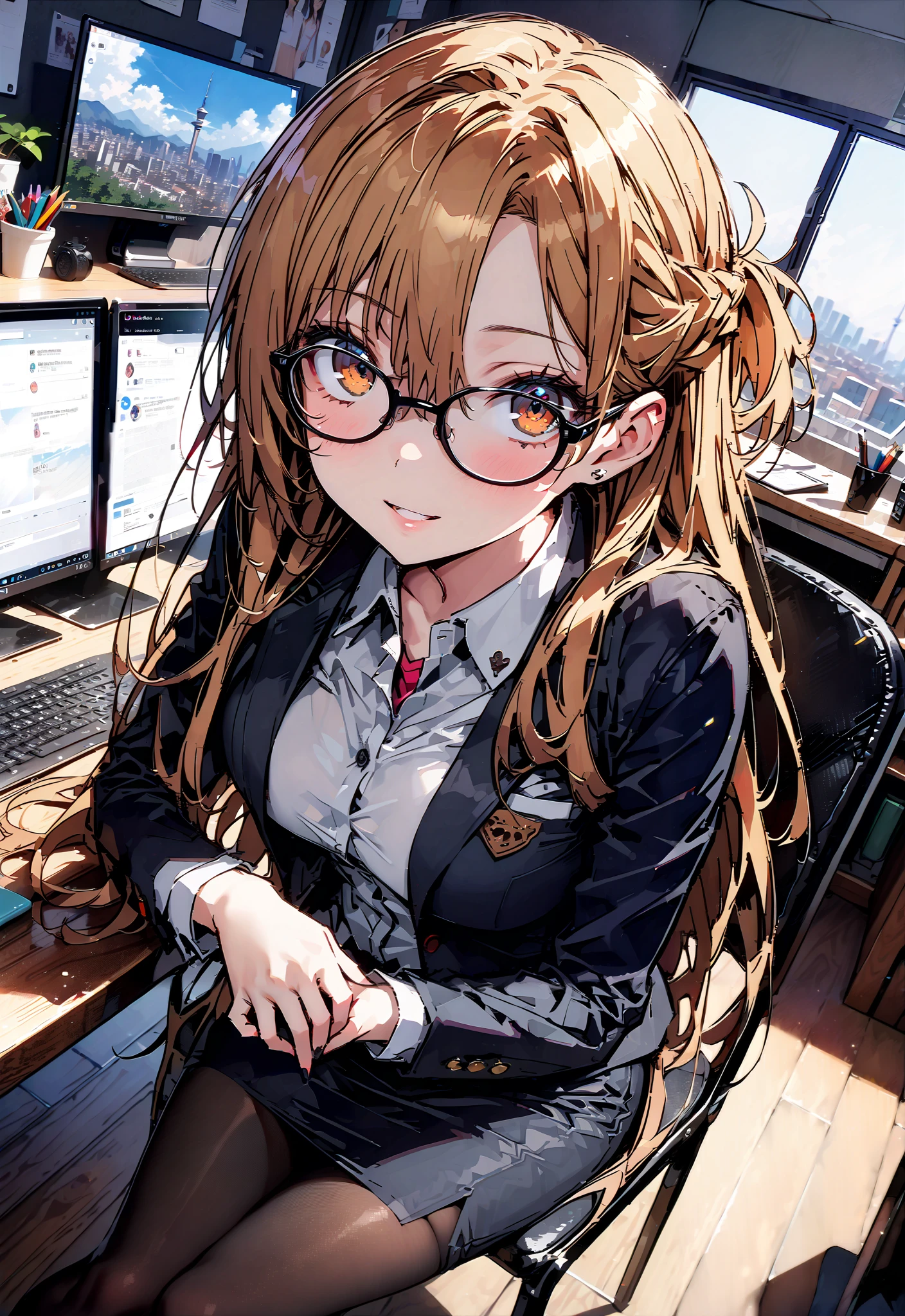 score_9, score_8_up, score_7_up, source_anime, Asuna Yuki , long hair, Hair,brown eyes, bangs,Medium breast,,half updo, suit, pencil skirt, jacket, shirt,black pantyhose,Stiletto Heels,Glasses, sitting on a chair with legs crossed, Interior , computer placed on the table, beautiful scenery,work table,full bodyがイラストに入るように, break indoors, office,
break looking at viewer,full body,
break (masterpiece:1.2),TOP QUALITY , kampala, Unity 8K Wallpaper ,(shape:0.8),( fine, beautiful eyes :1.6),It's a person ,full body写真,CG Details , ( perfect hands, complete anatomy),