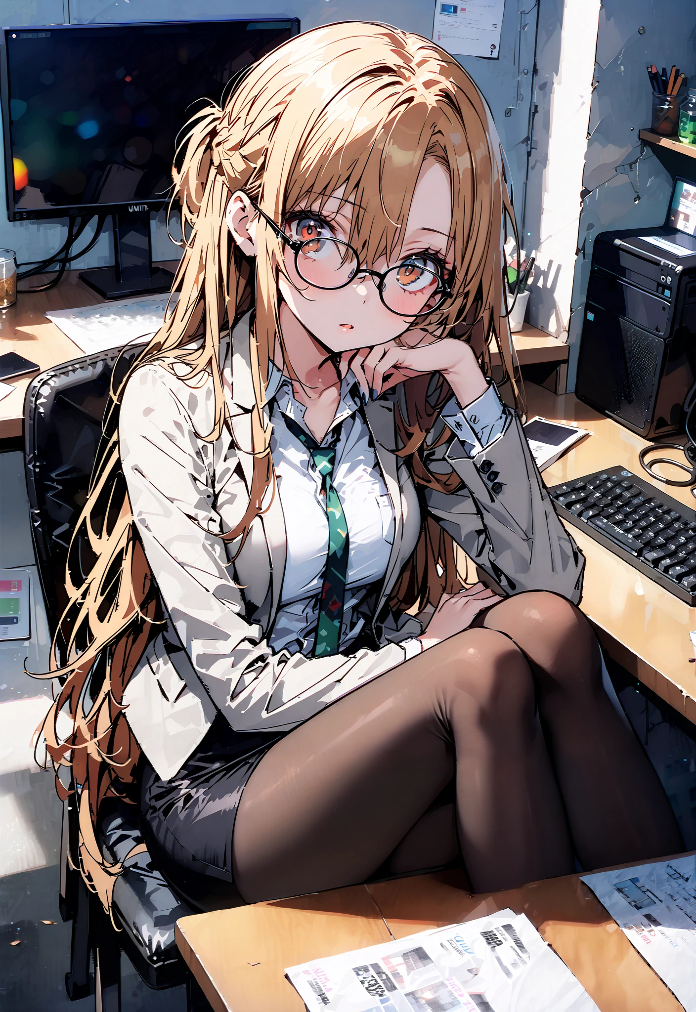  score_9,  score_8_up,  score_7_up,  source_anime, Asuna Yuki ,  long hair, Hair,brown eyes, bangs,Medium breast,,half updo, suit, pencil skirt,  jacket,  shirt,black pantyhose,Stiletto Heels,Glasses, sitting on a chair with legs crossed, Interior , computer placed on the table, beautiful scenery,work table,full bodyがイラストに入るように,      break indoors, office,
break looking at viewer,full body,
break (masterpiece:1.2),TOP QUALITY , kampala, Unity 8K Wallpaper ,(shape:0.8),(  fine, beautiful eyes  :1.6),It's a person ,full body写真,CG Details , ( perfect hands, complete anatomy),