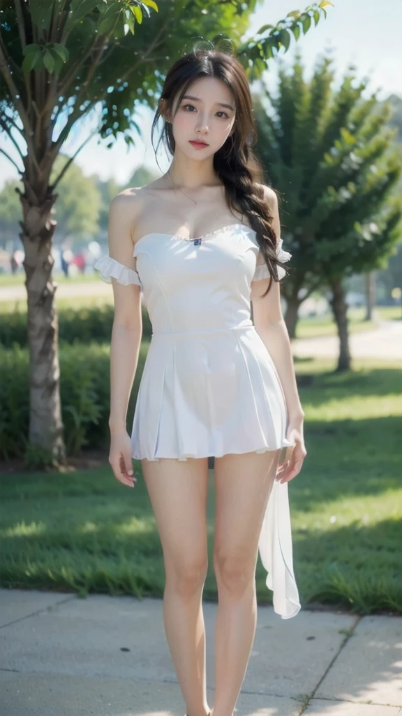 (highest quality:1.5)、(Realistic:1.5)、(1 person:1.5)、(Medium Shot:1.5)、Very detailed、High resolution、8k wallpaper、、Normal milk、Natural color lips、Cute Smile、Japanese women、20-year-old girl、Beautiful and elegant face、Perfect and beautiful face、Large, balanced eyes、Brunette's eyes、Beautiful and elegant face、Beautiful double eyelids、Natural Bangs、Beautiful thin nose、Beautiful Skin、Fair skin、(Medium Bob Hair)、Natural Bangs、Perfect and beautiful face、Slim face and figure、(Looking at the camera with a sweet smile)、Bright lighting、Professional Lighting、Forward lighting、mini skirtのドレス、tiara、(Wearing white off-the-shoulder wedding dress)、Wedding ceremony in a church with beautiful stained glass、pose for a photo、mini skirt、garter belt、Knee-high stockings、