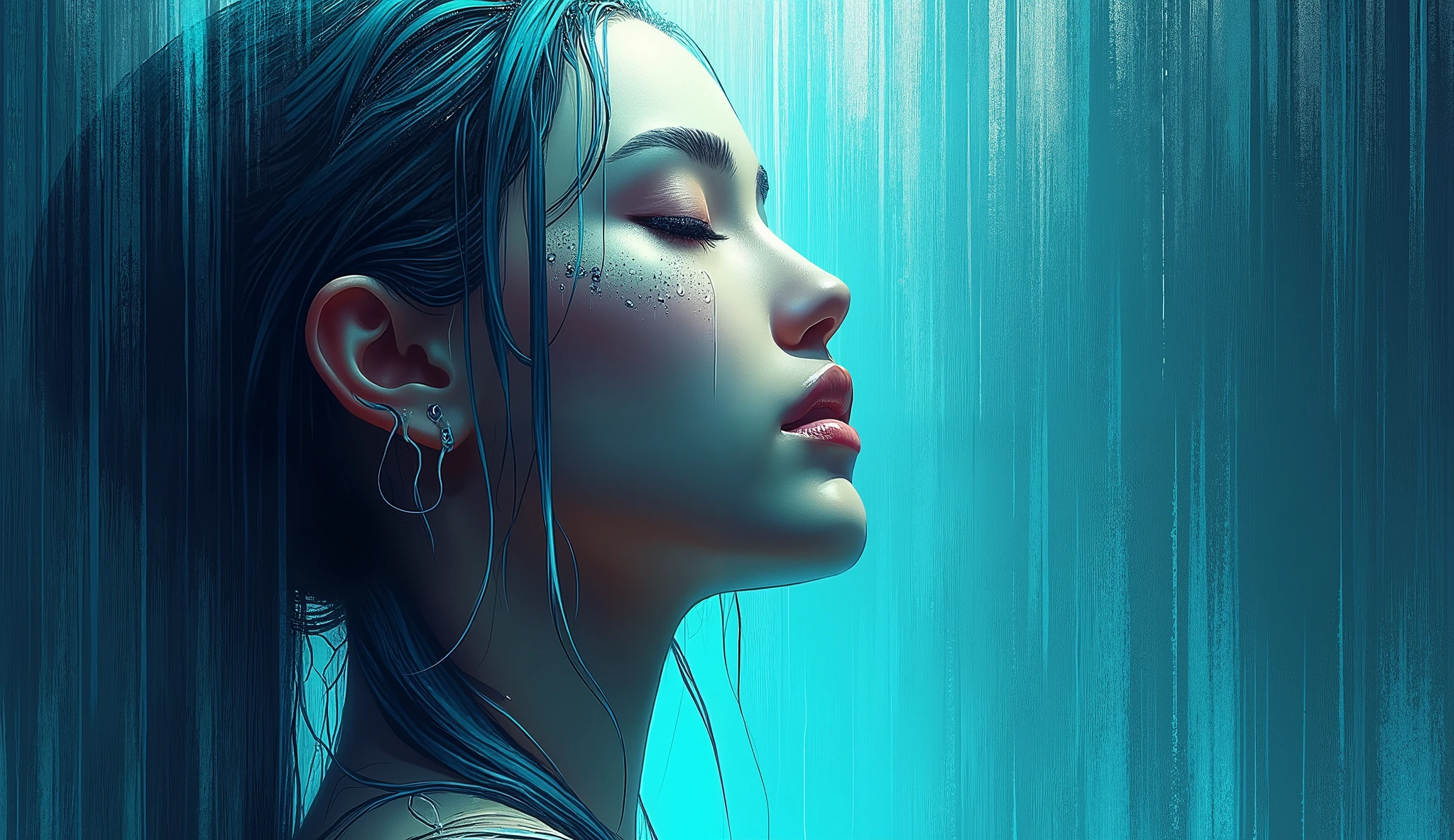 mesmerizing digital illustration inspired by Loish, depicting a closep of a woman´s face beneath a waterfall, water flowing down her face and hair, cool and soothing color palette, her expression peaceful, illuminated by soft ambient light, a dreamlike and calming ambiance. --v 5 --stylize 1000