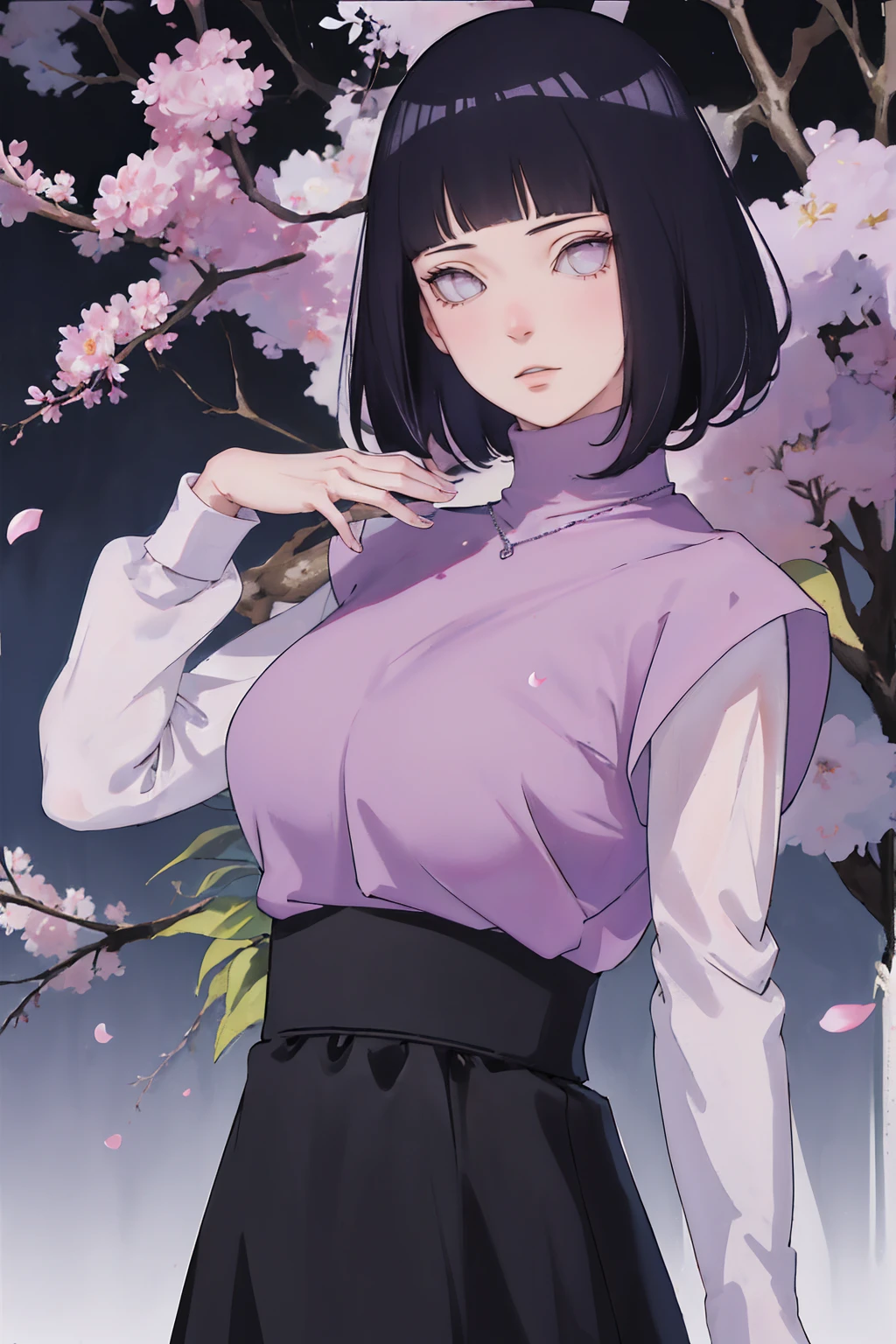 { - anatomy error} (Masterpiece - Ultra-detailed, very high resolution) (huge titusty, masterpiece, absurdres, hinata\(boruto\), 1girl, solo,mature female, lilac turtleneck blouse, black pant, looking at viewelling petals), perfect composition, detailed lips, big breast, beautiful face, body propotion, blush, (pink lips), short hair, (black hair), purple eyes, soft gaze, super realistic, detailed, photoshoot, realistic face and body, closed mouth , lilac eyes, upper body, hidden hands, perfect fingers, inocent face, portrait, , writing, reading, dynamic poses