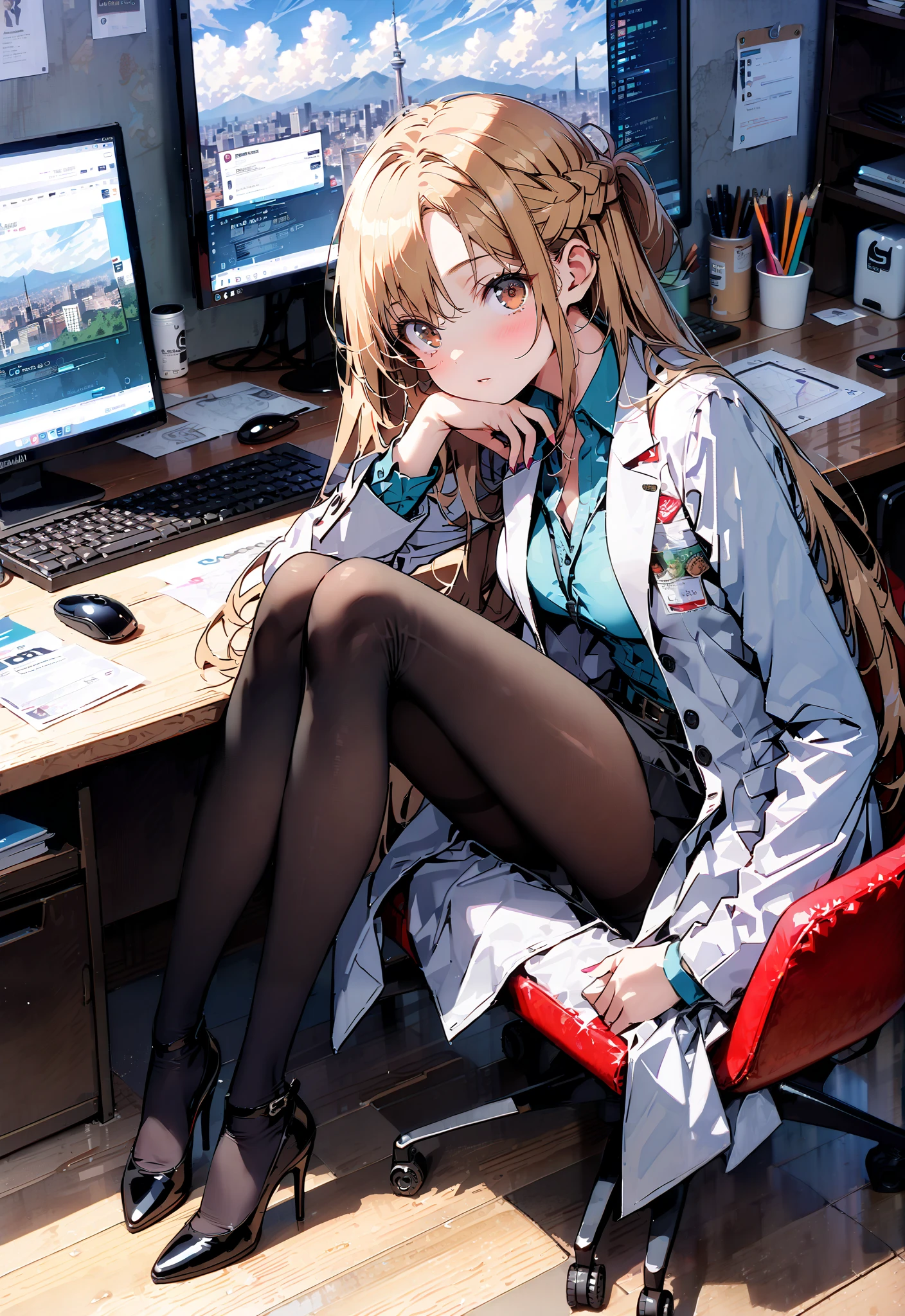 score_9, score_8_up, score_7_up, source_anime, Asuna Yuki , long hair, Hair,brown eyes, bangs,Medium breast,,half updo, suit, pencil skirt, jacket, shirt,black pantyhose,Stiletto Heels,Glasses, sitting on a chair with legs crossed, Interior , computer placed on the table, beautiful scenery,work table,full bodyがイラストに入るように, break indoors, office,
break looking at viewer,full body,
break (masterpiece:1.2),TOP QUALITY , kampala, Unity 8K Wallpaper ,(shape:0.8),( fine, beautiful eyes :1.6),It's a person ,full body写真,CG Details , ( perfect hands, complete anatomy),