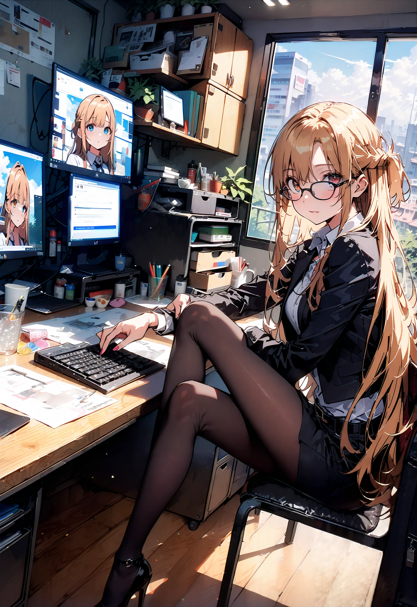 score_9, score_8_up, score_7_up, source_anime, Asuna Yuki , long hair, Hair,brown eyes, bangs,Medium breast,,half updo, suit, pencil skirt, jacket, shirt,black pantyhose,Stiletto Heels,Glasses, sitting on a chair with legs crossed, Interior , computer placed on the table, beautiful scenery,work table,full bodyがイラストに入るように, break indoors, office,
break looking at viewer,full body,
break (masterpiece:1.2),TOP QUALITY , kampala, Unity 8K Wallpaper ,(shape:0.8),( fine, beautiful eyes :1.6),It's a person ,full body写真,CG Details , ( perfect hands, complete anatomy),