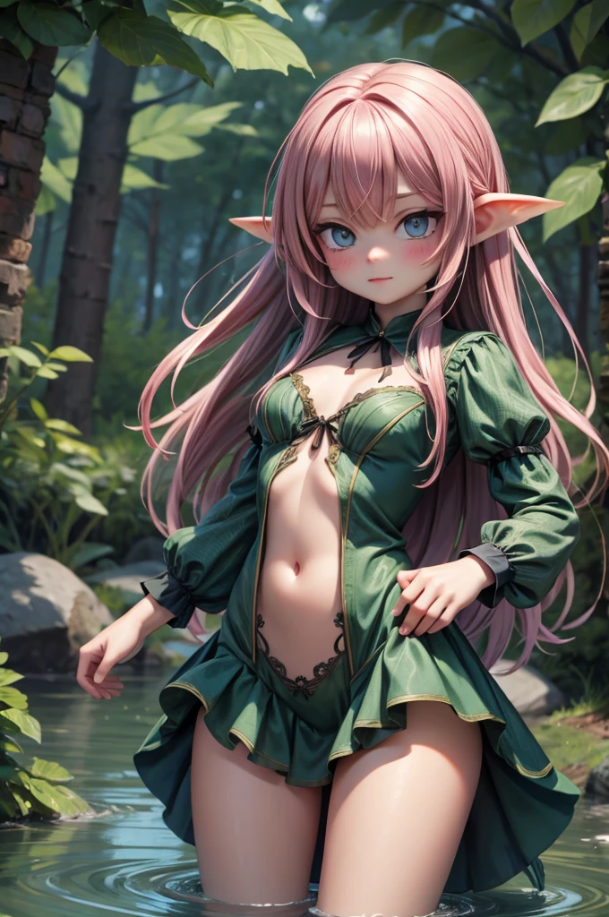 masterpiece, ultra-detailed, stunning art, illustration, 8k cg wallpaper, 1girl, elf girl, solo, angle from below, sitting in a tree, looking at viewer, {background: magical forest, lush greenery, trees, plants, flowers, lots of fireflies}, perfect anatomy, cute face, confused expression, blushing, sparkling eyes, deep pink eyes, beautiful detailed eyes, green hair, disheveled hair, cute hair accessories, elf ears, cute earrings, cute choker, slim body, medium breasts, sexy outfit, cleavage, cute body accessories, perfect hands, perfect fingers, cute arm accessories, cute hand accessories, medium hips, sexy thighs, perfect legs, cute leg accessories, cute footwear, sun rays coming through trees, warm lighting, cute, pretty, beautiful, sexy, perfect body, <lora:Unravel:1>