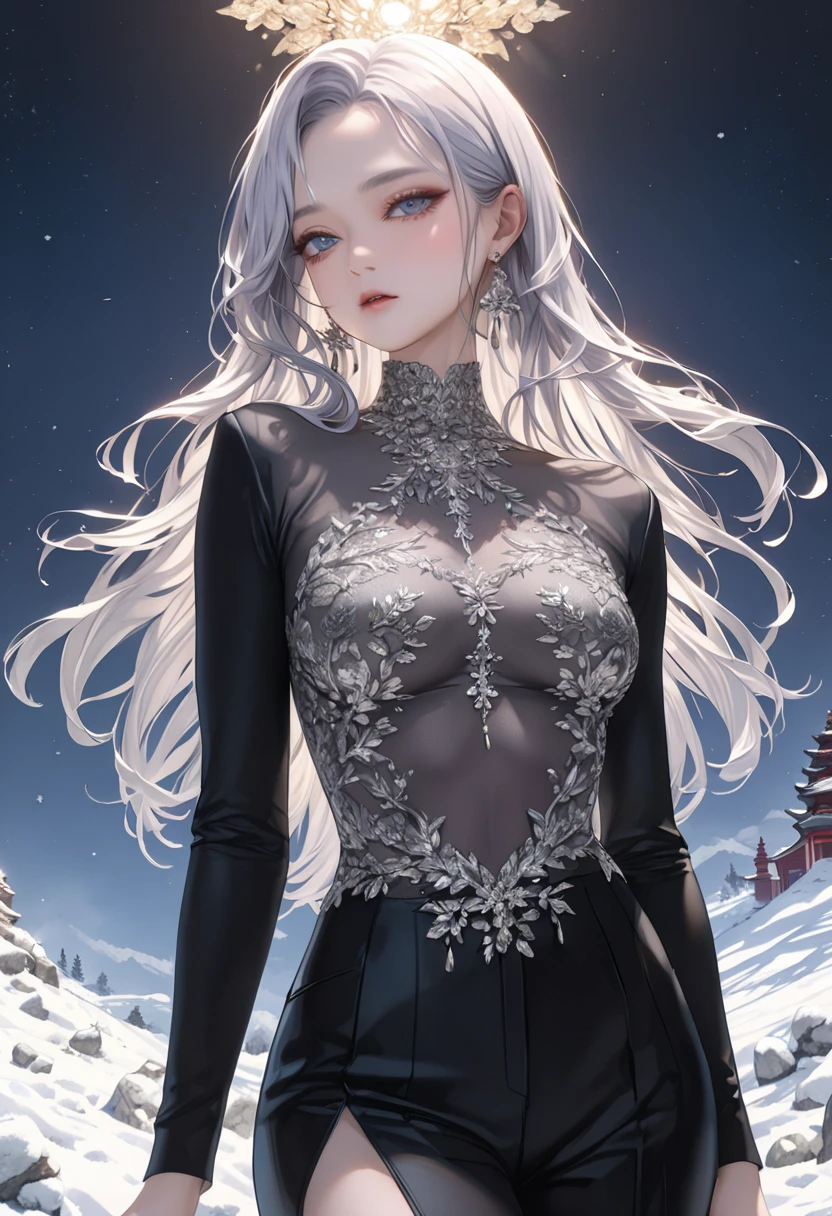 ((masterpiece:1.5、8k、Tabletop、フォトリアリスティックでVery detailedなCG、Very detailed、Particle Effects、Dynamic Effects、Shallow depth of field、Cinematic Light、Lens flare、Ray Tracing、Tabletop、Realistic:1.4、Ultra-high resolution:1.2、Realistic、Realistic))((alone、,A woman wearing a black cashmere coat over an off-the-shoulder dress:1.4、Elegant woman posing、Detailed face、bright表情、young, bright, Whiter skin、Medium chest、Beautiful cleavage、Best Looks、Asian、Ultimate beauty、bright and shiny hair,、Super long, Silky straight hair、Hair dancing in the wind))(morning、The setting is outdoors in the snow、Crystal of snow)((shiny white hair))