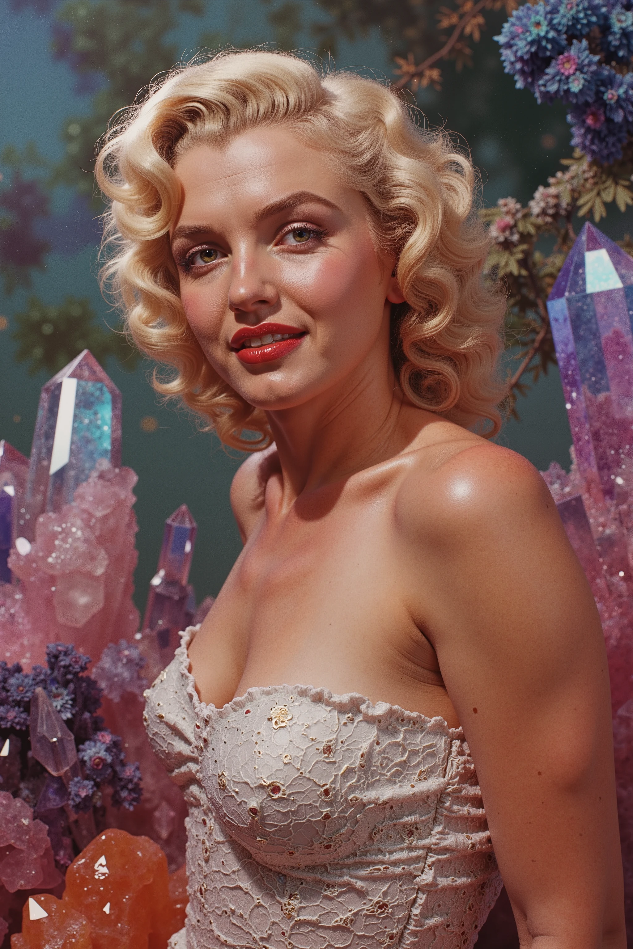 Marilyn Monroe, Explicit, Graphic, Natural, Authentic/Real looking. Anatomically Correct, Attention to detail, Textured Skin, In Depth Photorealism, Breathtakingly Beautiful, Stunning, Awe Inspiring, An Awesome Site! 8K Octane, Action Painting, Artistic, Cinematic, Cinematography, Conceptual Art, Art, Fujicolor, Super Saturated Colors, Hyperdetailed, Hyperrealism, Photorealistic, Pixel Art, Pixel Assets, Portrait Photography, Surrealism, Unreal Engine, Sparkle off the gigantic translucent multicolored quartz crystals. Depth Of Field, Optical Illusion, Cinematic Lighting, Glowing Light, Reflection Light, Ray Tracing, God Rays, Perspective, UHD, Super Detailed, Best Quality, Detail, Award Winning, Masterpiece!
