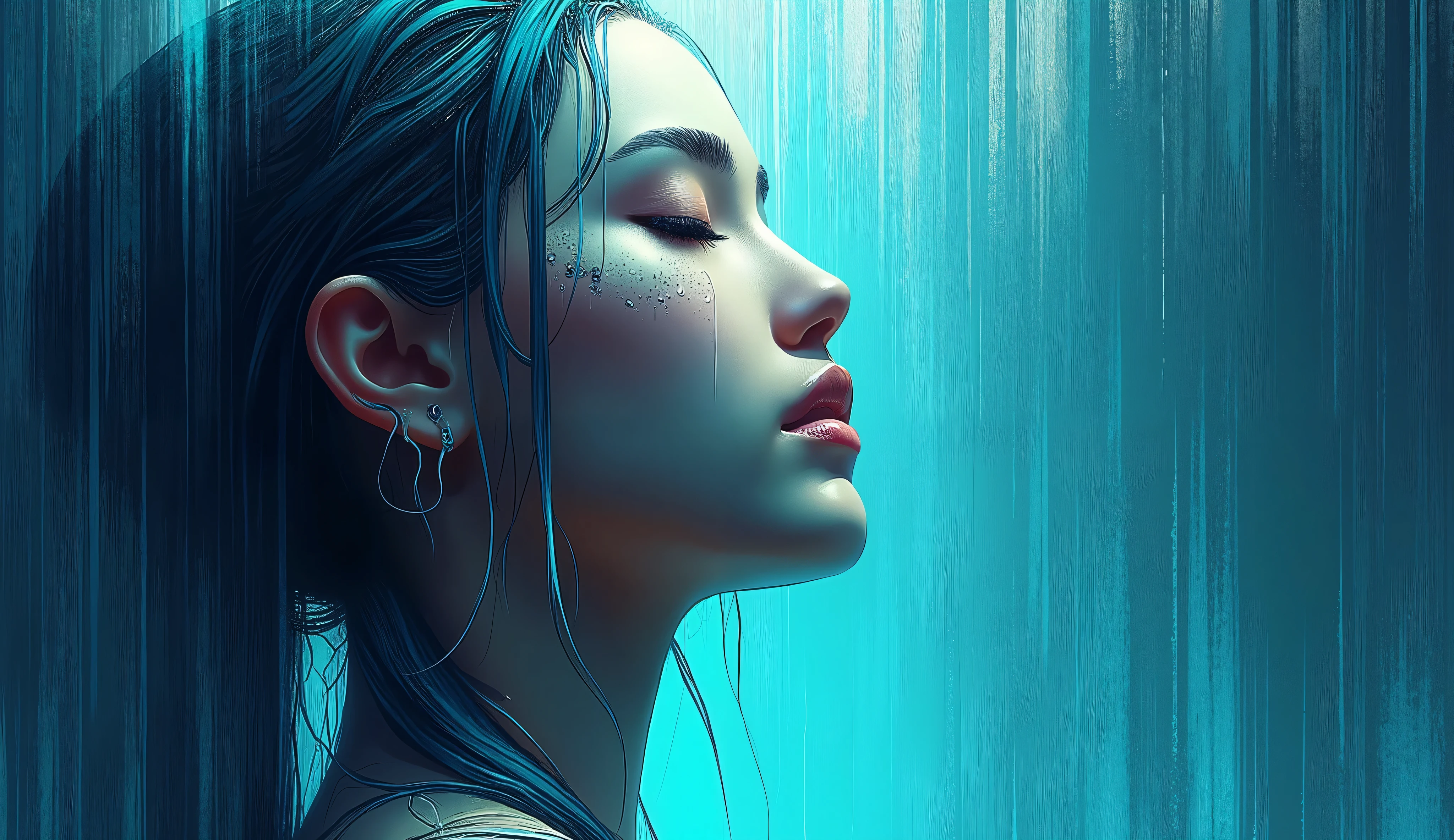 mesmerizing digital illustration inspired by Loish, depicting a closep of a woman´s face beneath a waterfall, water flowing down her face and hair, cool and soothing color palette, her expression peaceful, illuminated by soft ambient light, a dreamlike and calming ambiance. --v 5 --stylize 1000
