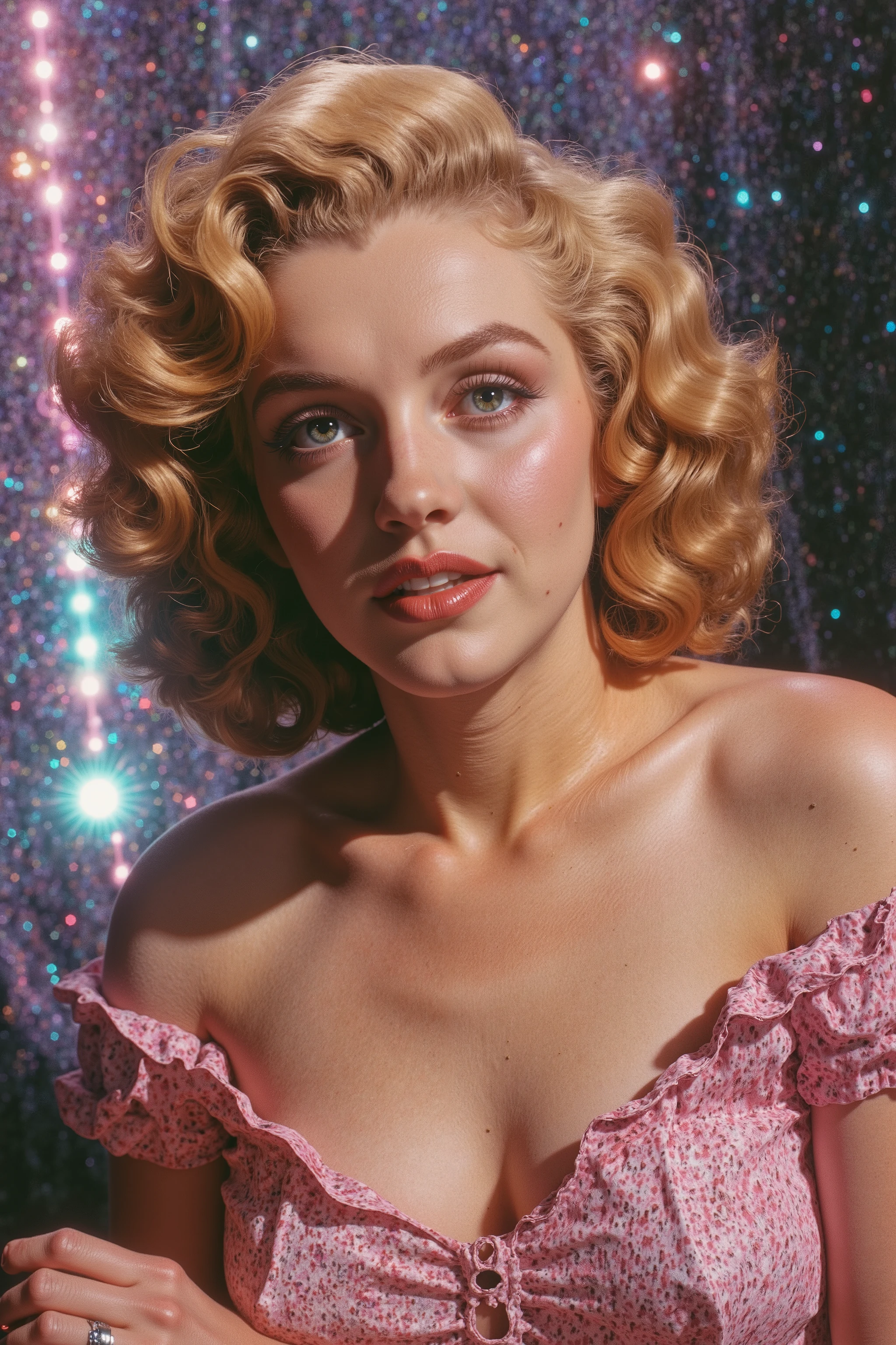 Marilyn Monroe, Explicit, Graphic, Natural, Authentic/Real looking. Anatomically Correct, Attention to detail, Textured Skin, In Depth Photorealism, Breathtakingly Beautiful, Stunning, Awe Inspiring, An Awesome Site! 8K Octane, Action Painting, Artistic, Cinematic, Cinematography, Conceptual Art, Art, Fujicolor, Super Saturated Colors, Hyperdetailed, Hyperrealism, Photorealistic, Pixel Art, Pixel Assets, Portrait Photography, Surrealism, Unreal Engine, Sparkle off the gigantic translucent multicolored quartz crystals. Depth Of Field, Optical Illusion, Cinematic Lighting, Glowing Light, Reflection Light, Ray Tracing, God Rays, Perspective, UHD, Super Detailed, Best Quality, Detail, Award Winning, Masterpiece!