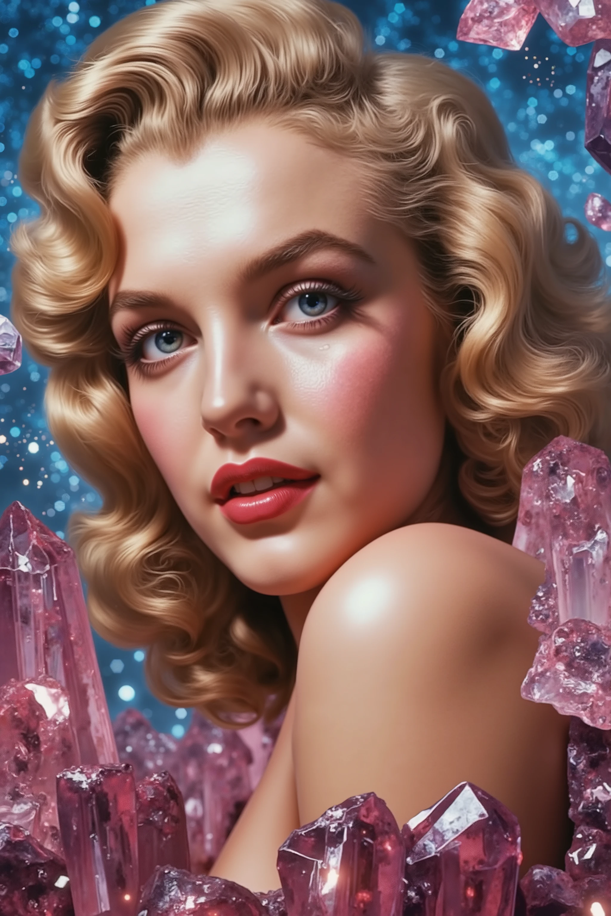 Marilyn Monroe, Explicit, Graphic, Natural, Authentic/Real looking. Anatomically Correct, Attention to detail, Textured Skin, In Depth Photorealism, Breathtakingly Beautiful, Stunning, Awe Inspiring, An Awesome Site! 8K Octane, Action Painting, Artistic, Cinematic, Cinematography, Conceptual Art,  Art, Fujicolor, Super Saturated Colors, Hyperdetailed, Hyperrealism, Photorealistic, Pixel Art, Pixel Assets, Portrait Photography, Surrealism, Unreal Engine, Sparkle off the gigantic translucent multicolored quartz crystals. Depth Of Field, Optical Illusion, Cinematic Lighting, Glowing Light, Reflection Light, Ray Tracing, God Rays, Perspective, UHD, Super Detailed, Best Quality, Detail, Award Winning, Masterpiece!