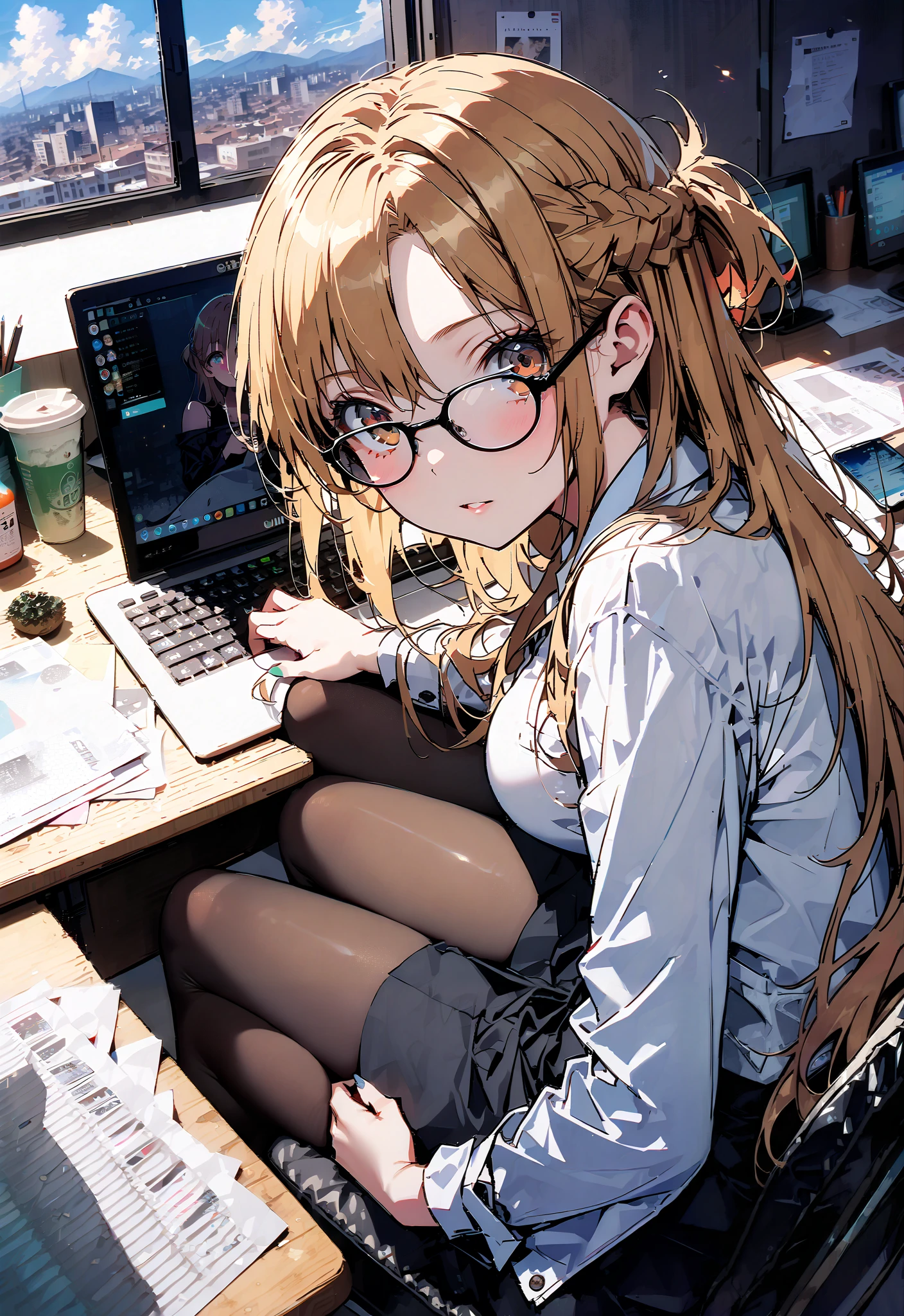 score_9, score_8_up, score_7_up, source_anime, Asuna Yuki , long hair, Hair,brown eyes, bangs,Medium breast,,half updo, suit, pencil skirt, jacket, shirt,black pantyhose,Stiletto Heels,Glasses, sitting on a chair with legs crossed, Interior , computer placed on the table, beautiful scenery,work table,full bodyがイラストに入るように, break indoors, office,
break looking at viewer,full body,
break (masterpiece:1.2),TOP QUALITY , kampala, Unity 8K Wallpaper ,(shape:0.8),( fine, beautiful eyes :1.6),It's a person ,full body写真,CG Details , ( perfect hands, complete anatomy),