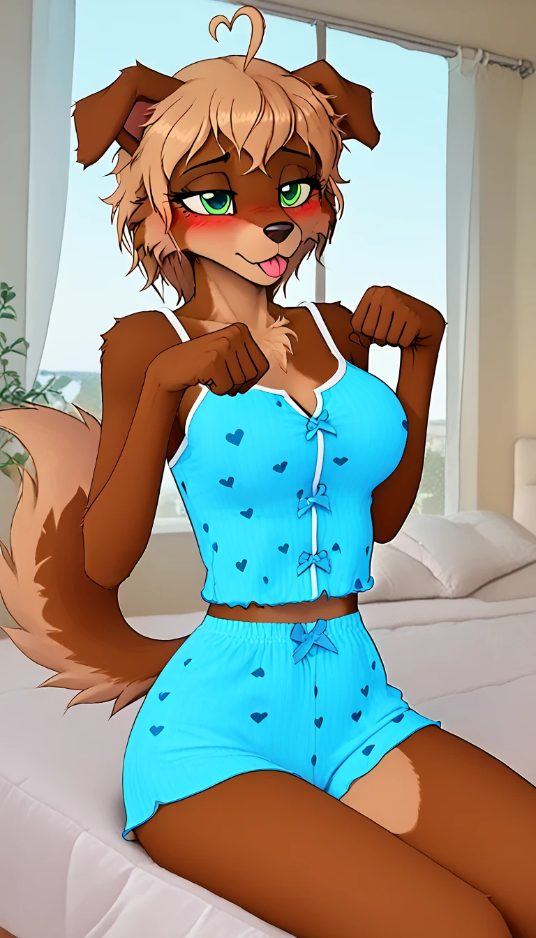 check_9, check_8_They, check_7_They, From the author: Wyla
(One) anthropomorphic furry female german shepherd, amber eyes, long brown hair, attractive, blue lace underwear, Maternal, Maternal eyes, (happy Maternal expression,), She's lying on the bed, looks at the viewer, Behind, purple backdrop, simple background, big breasts, wide hips, big ass (foreground)