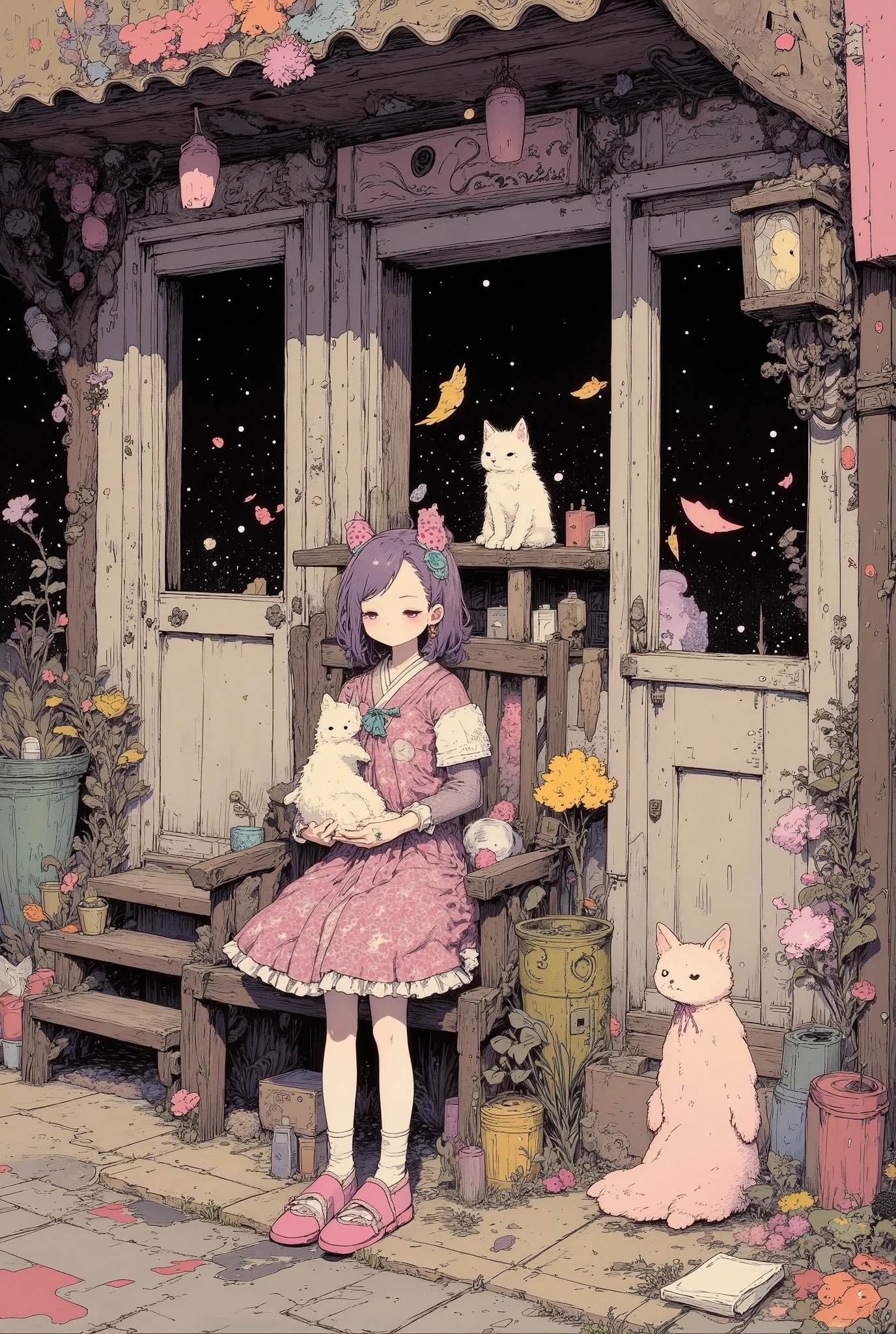 (high definition, masterpiece, accurate, top quality, high definition model, high detail, (((soft texture))), ((matte, toy-like handmade luxury)), (((Tim Burton style))), ((girl playing with cat on street)), top quality, (fine detail:1. 1)), beautiful to the last detail, beautiful hair, pupil detail, solo, 1girl, Japanese, blush, 5 fingers, ((pupil detail)), backlight, ((5 fingers)), big tits, (((high angle))),