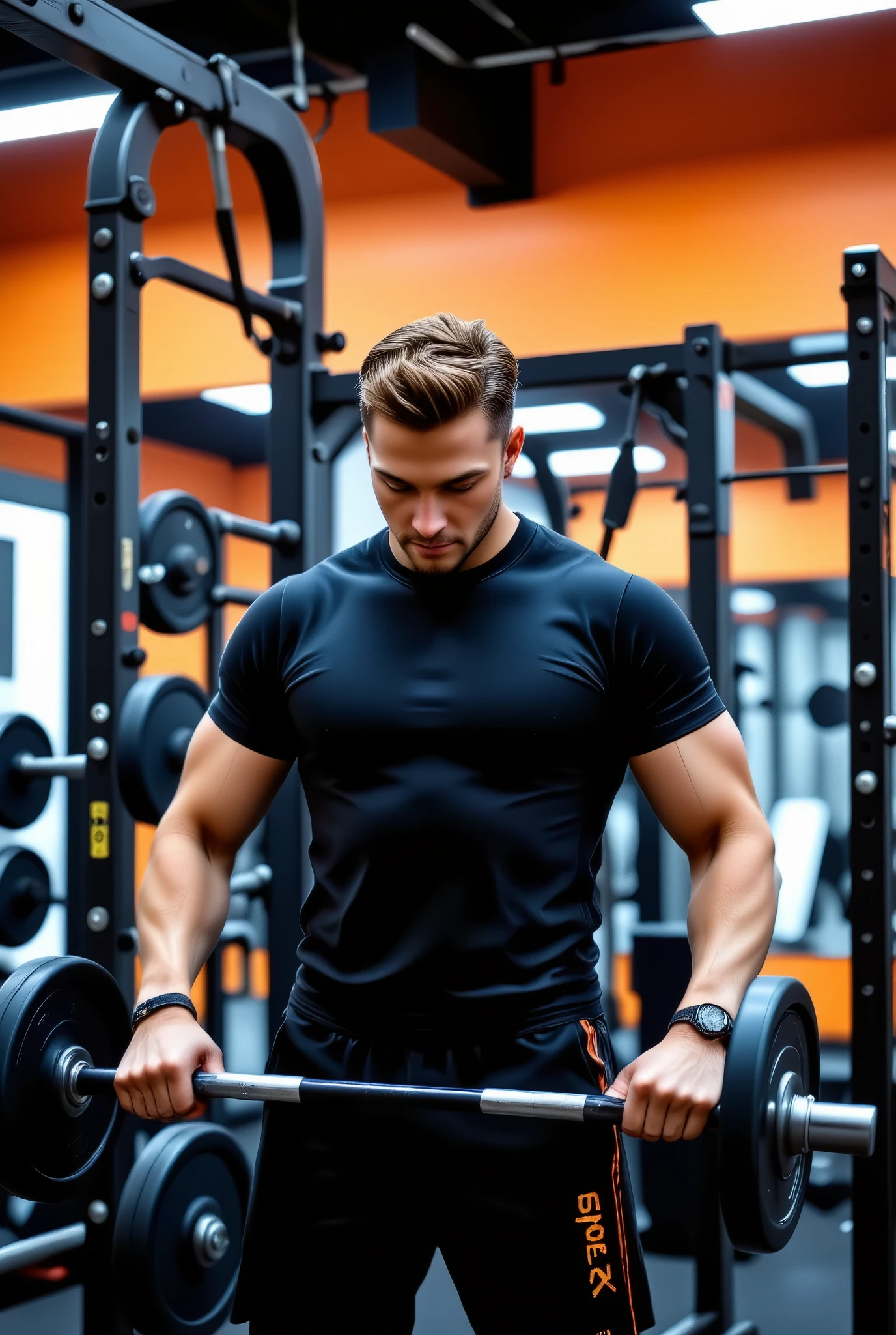 /Imagine a man working out.  Focus on the athletic body, workout clothes,  like t-shirt , black and orange sweatshirt set.  Blur the gym environment.  Also focus on, In which he lifts an altarpiece or performs an aerobic position.