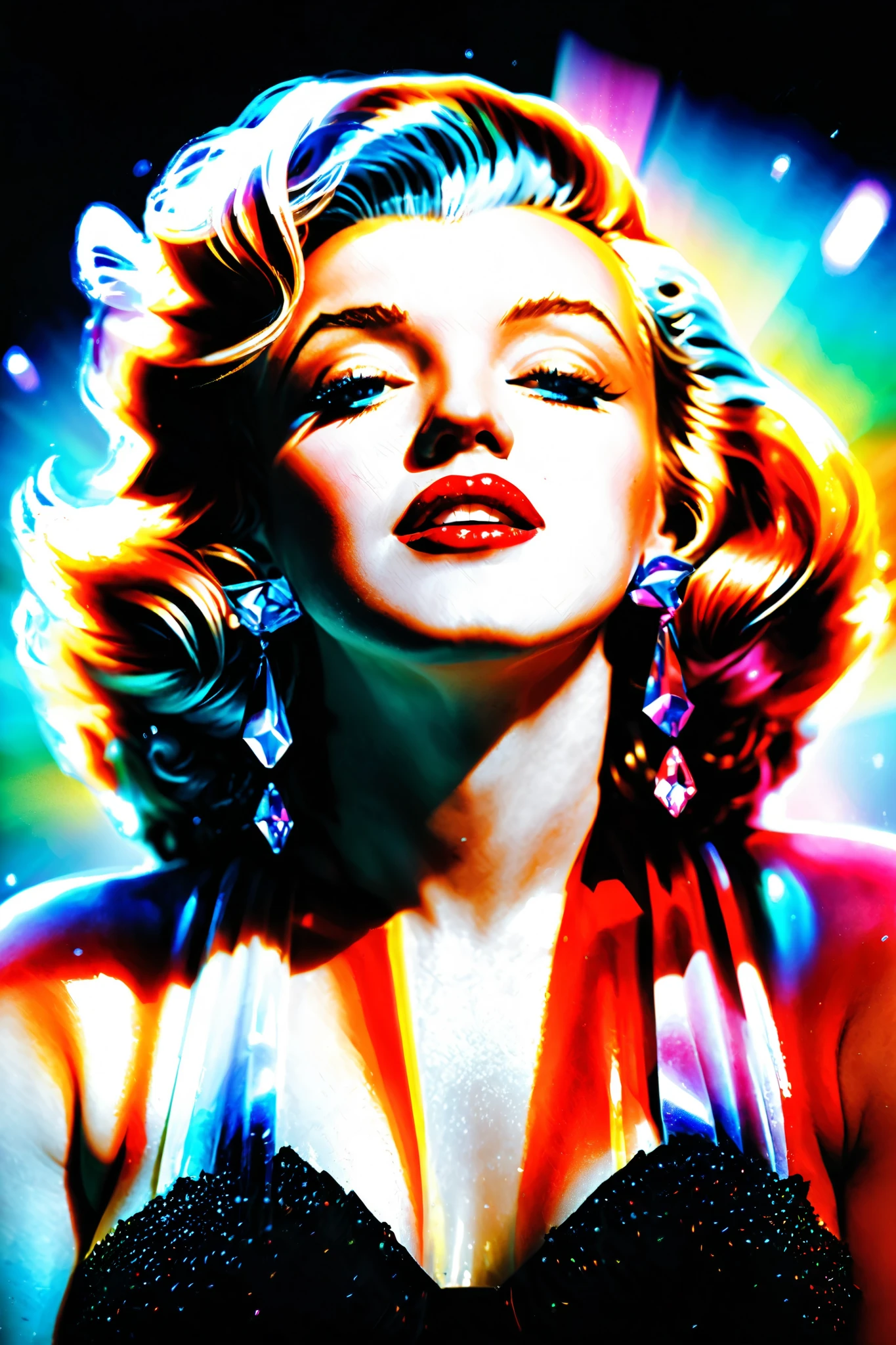 Marilyn Monroe, Explicit, Graphic, Natural, Authentic/Real looking. Anatomically Correct, Attention to detail, Textured Skin, In Depth Photorealism, Breathtakingly Beautiful, Stunning, Awe Inspiring, An Awesome Site! 8K Octane, Action Painting, Artistic, Cinematic, Cinematography, Conceptual Art,  Art, Fujicolor, Super Saturated Colors, Hyperdetailed, Hyperrealism, Photorealistic, Pixel Art, Pixel Assets, Portrait Photography, Surrealism, Unreal Engine, Sparkle off the gigantic translucent multicolored quartz crystals. Depth Of Field, Optical Illusion, Cinematic Lighting, Glowing Light, Reflection Light, Ray Tracing, God Rays, Perspective, UHD, Super Detailed, Best Quality, Detail, Award Winning, Masterpiece!