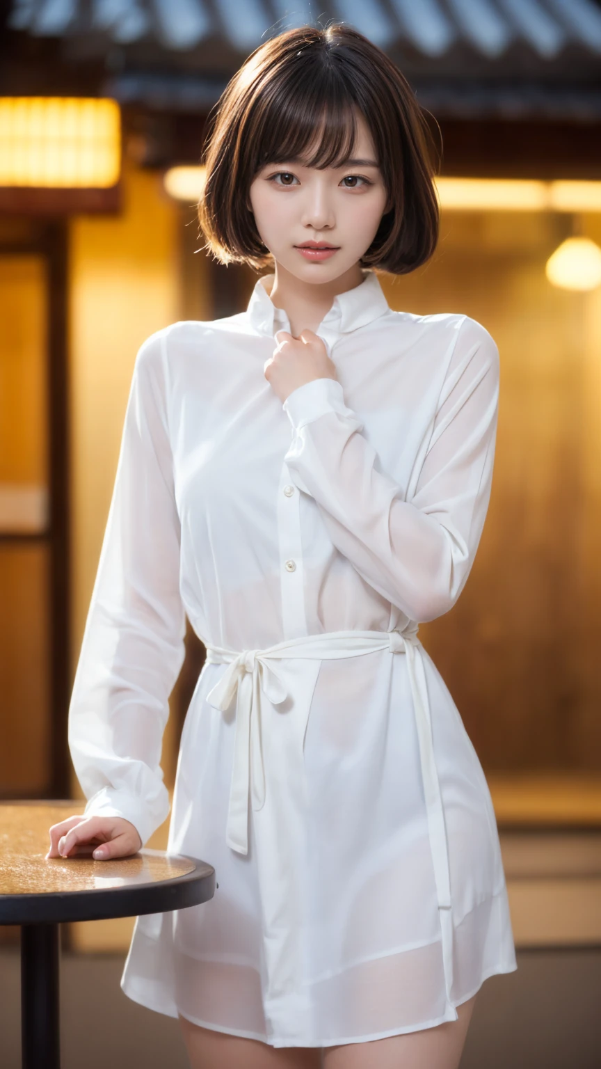 (((a 20 yo woman)))、((aquariums))、masterpiece, 1 beautiful girls, (((very_Short_hair))), Eye details, Swollen eyes, Top image quality, 超A high resolution, (Realistis: 1.4), OriginalPhotographs, 1girl in, Cinematographic lighting, japanes, very beautif, Beautiful skins, (A hyper-realistic), (hight resolution), (8 K), (ighly detailed), (The best illustrations), (beautifully detailed eyes), (ultra-detailliert), A detailed face, look at a camera, Facing straight ahead, Neat Clothing, shorth hair、A dark-haired、46-point diagonal bangs、((aquariums))