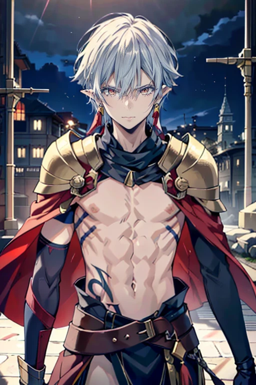 man, short white hair, purple eyes, muscular, golden armor with bare chest, with scars on the face, with scars on the torso, with big pecs, red cape