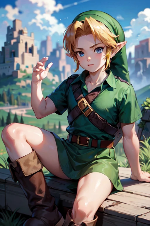 Link, The legend of Zelda, delicate skin, best quality, Best Desinger, Best illustration, (foto fotorrealista: 1.3), (pele com alto detalhe:1.2), 8k UHD, dslr, alta qualidade, alta resolução, 1boy, balls, choker, collar, squatting, crouching, handsome male, female male, gloves, light skin, light skin male, male, focus male, male only, partially clothed, penis, penis out, short hair, thighs, thick thighs