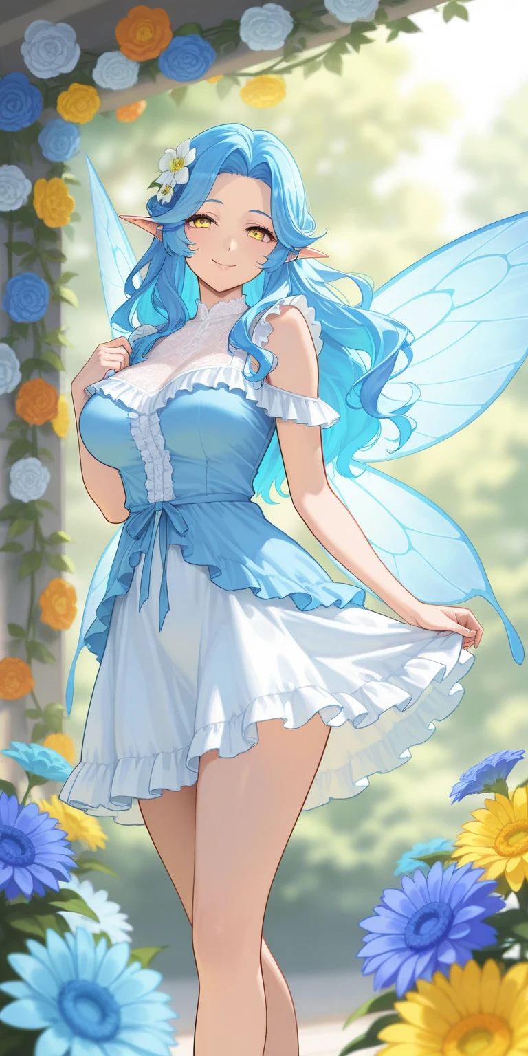 high details, best quality, 16k, RAW, [best detailed], masterpiece, best quality, (extremely detailed), GlowingRunes_paleblue, full body, ultra wide shot, photorealistic, fantasy art, RPG art, D&D art, a picture of a fairy selling flowers in a florist shop, extremely beautiful fairy, ultra feminine (intense details, Masterpiece, best quality), (Blue: 1.3) butterfly wings (intense details, Masterpiece, best quality), blue and white wings (intense details, Masterpiece, best quality), azure hair, pixie cut hair, shinning hair, flowing hair, shy smile, innocent smile, blue eyes, wearing bright blue skirt, dynamic elegant shirt, chocker, wearing high heels, in flower shop (intense details, Masterpiece, best quality), extreme many (sunflowers: 1.3) (intense details, Masterpiece, best quality), sunflower shop in a modern era street, High Detail, Ultra High Quality, High Resolution, 16K Resolution, Ultra HD Pictures, Ultra Realistic, Clear Details, Realistic Detail, Ultra High Definition, Big Fairy Wings, wearing edgLL leather lingerie dungeons and dragons, DonMDr4g0nXL