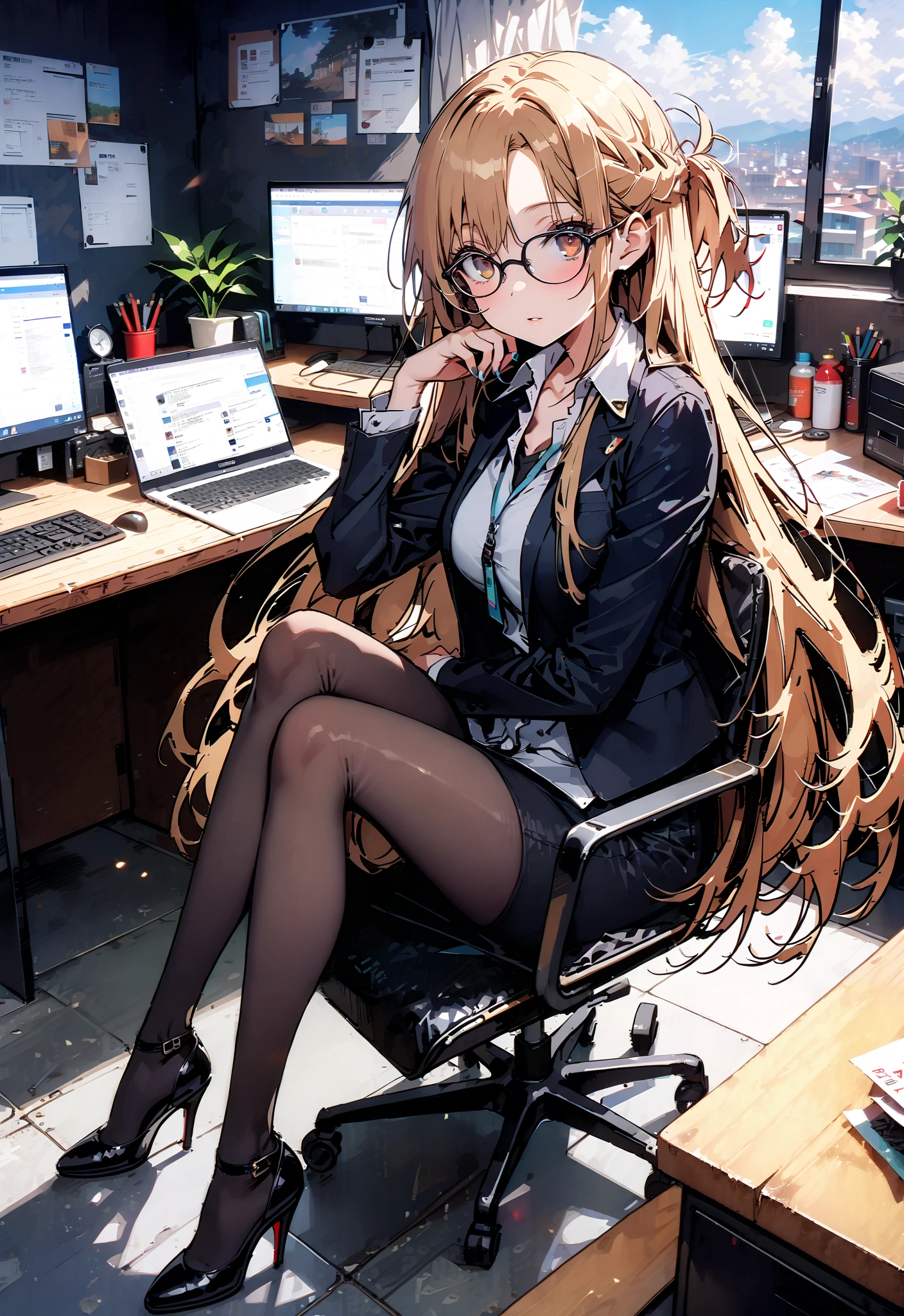 score_9, score_8_up, score_7_up, source_anime, Asuna Yuki , long hair, Hair,brown eyes, bangs,Medium breast,,half updo, suit, pencil skirt, jacket, shirt,black pantyhose,Stiletto Heels,Glasses, sitting on a chair with legs crossed, Interior , computer placed on the table, beautiful scenery,work table,full bodyがイラストに入るように, break indoors, office,
break looking at viewer,full body,
break (masterpiece:1.2),TOP QUALITY , kampala, Unity 8K Wallpaper ,(shape:0.8),( fine, beautiful eyes :1.6),It's a person ,full body写真,CG Details , ( perfect hands, complete anatomy),
