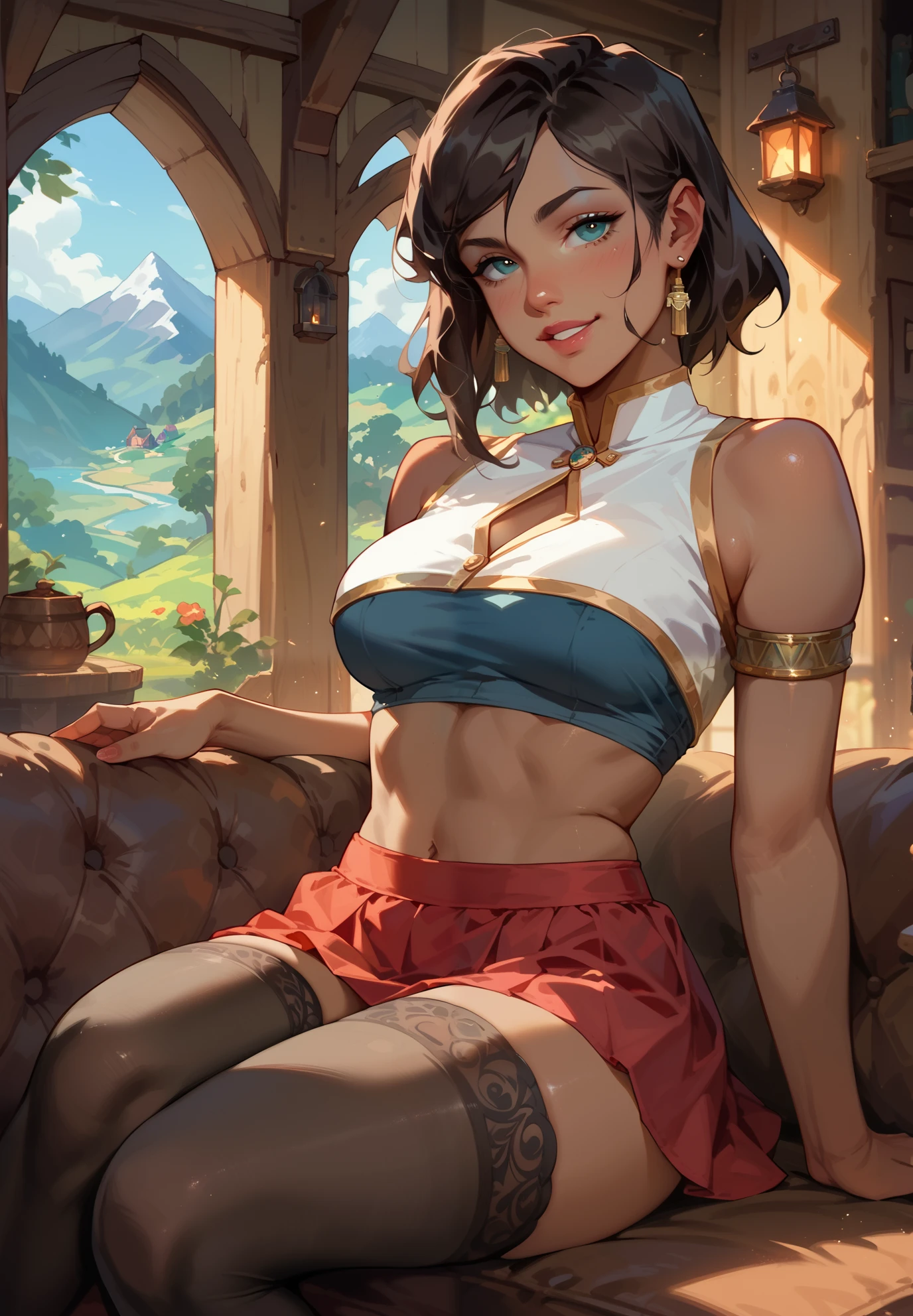 A sexy display of Korra in a seductive atmosphere, seduction, dark skin, crop top, skirt , thigh highs, jewellery, seductive eyes, detailed face and skin, on a couch, mountain cottage, cinematic lighting,