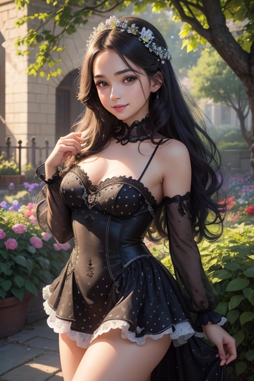 A woman, 30 years old, Mature, Super textured hair, Extra long wavy hair, Single ear front hair, Nice face, Super detailed eyes, Grow eye hair, shining pupils, Charming eyes, Beautiful and delicate lips, seductive smile, A light blush, Very detailed face, Extra detailed body, High quality real skin texture, white collared shirt, black skirt, (semi-sheer chiffon), Lace trim at hem, black lace underwear, barefoot,