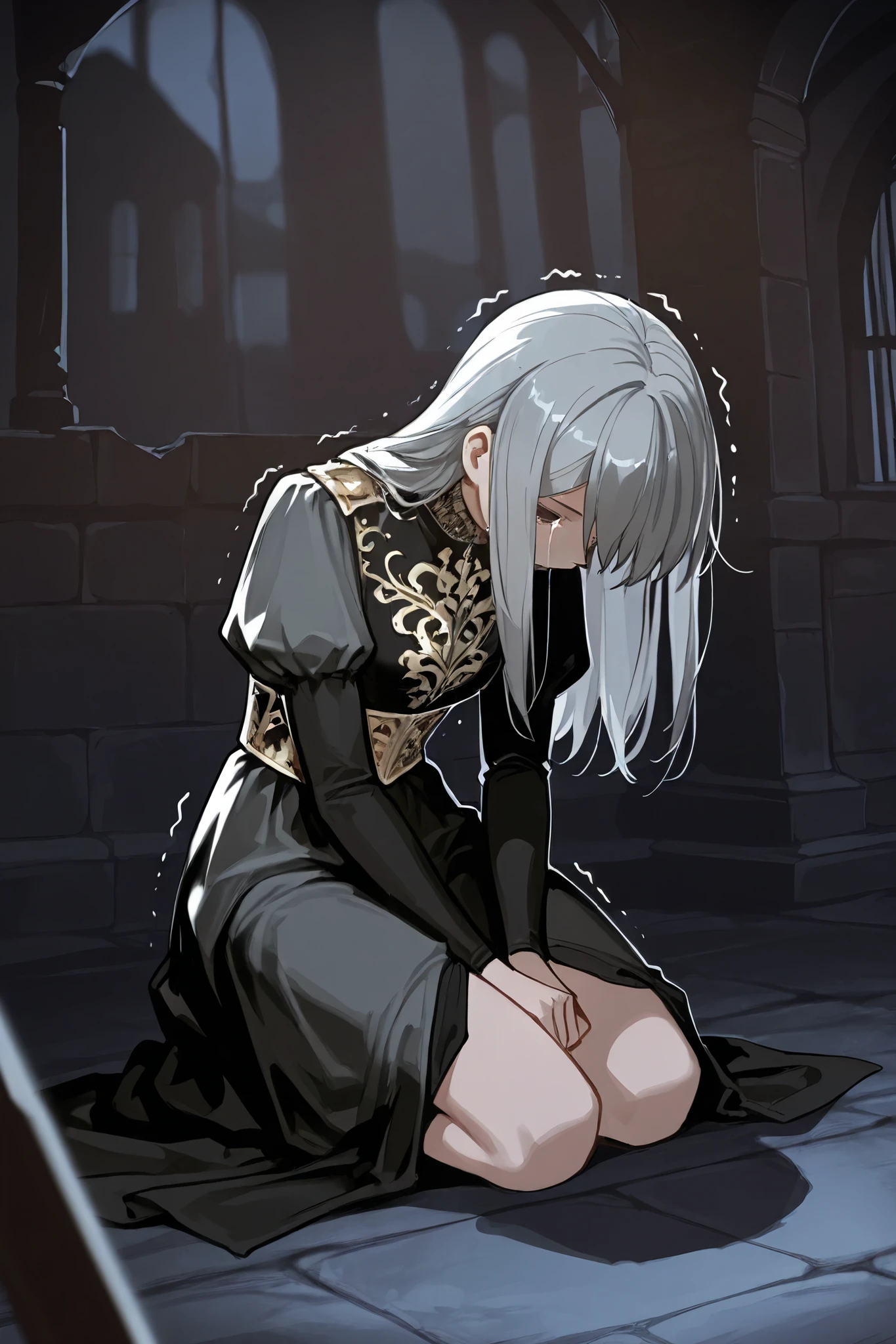 1girl, solo, gray hair, long hair, royal attire, tattered clothes, kneeling, head down, trembling, fear, regretful expression, dark atmosphere, medieval dungeon, dramatic lighting, detailed background, cinematic composition, expressionless, fear, small crying