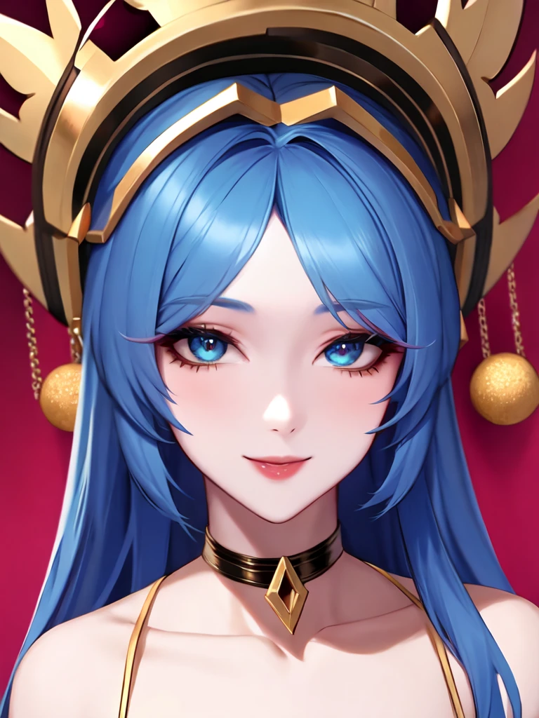1girl , lucky charm \(league of legends\), Alone, long hair, regardant le spectateur, smile, a, jewelry, shoulders, Blue Hair, clavicle, dents, choker, yeux roses , collier, portrait, coiffure rouge, Santa a , fur-lined headgear, sentient
masterpiece , newest, absurdres,very aesthetic,better quality