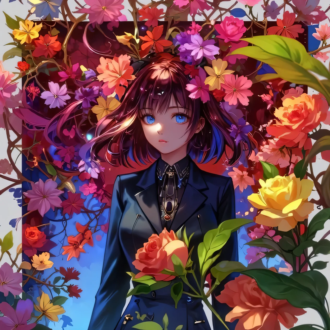 (EyesHD:1.2), masterpiece, best quality, ultra-detailed, very aesthetic, sharp focus, depth of field, vibrant colors, ray tracing, best lighting, detailed illustration, detailed background, cinematic, beautiful face,beautiful eyes,
1girl,(((light pink short hair,blue eyes))),suit,big breast,
aronud flowers,artistic,