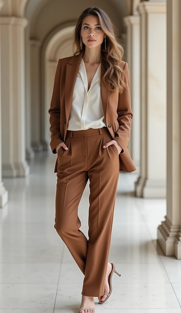 A young Brazilian woman, fashion student in Sao Paulo, fair skinned and dark haired, walks sensually through a modern art exhibition. She is wearing a beige linen blazer and pants set., with an elegant cut that enhances your silhouette. under, a delicately low-cut white silk blouse. Her structured leather bag sits casually on her hip., and her oversized sunglasses add a mysterious touch as she walks past a work of art, your movements flowing with a natural sensuality