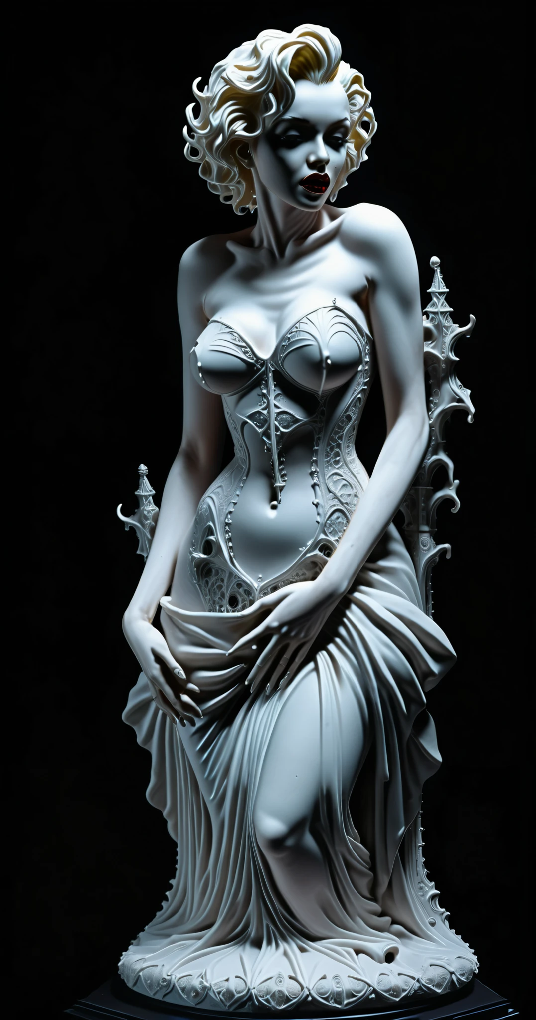 Surrealist art, dream-like, Ethereal. Plaster statue. Intricate, Mysterious, Provocative, Symbolic, Highly Complex, Highly detailed, (Gothic and very beautiful:1.4),Solid black background, (masterpiece, highest quality:1.4) Marilyn Monroe