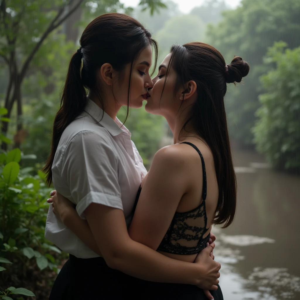 Black Girl wearing white, white girl wearing black, embracing, in a pond, koi fish, under moonlight, stars, mountains in the background, masterpiece, anatomical correct, top quality, cinematic lighting
