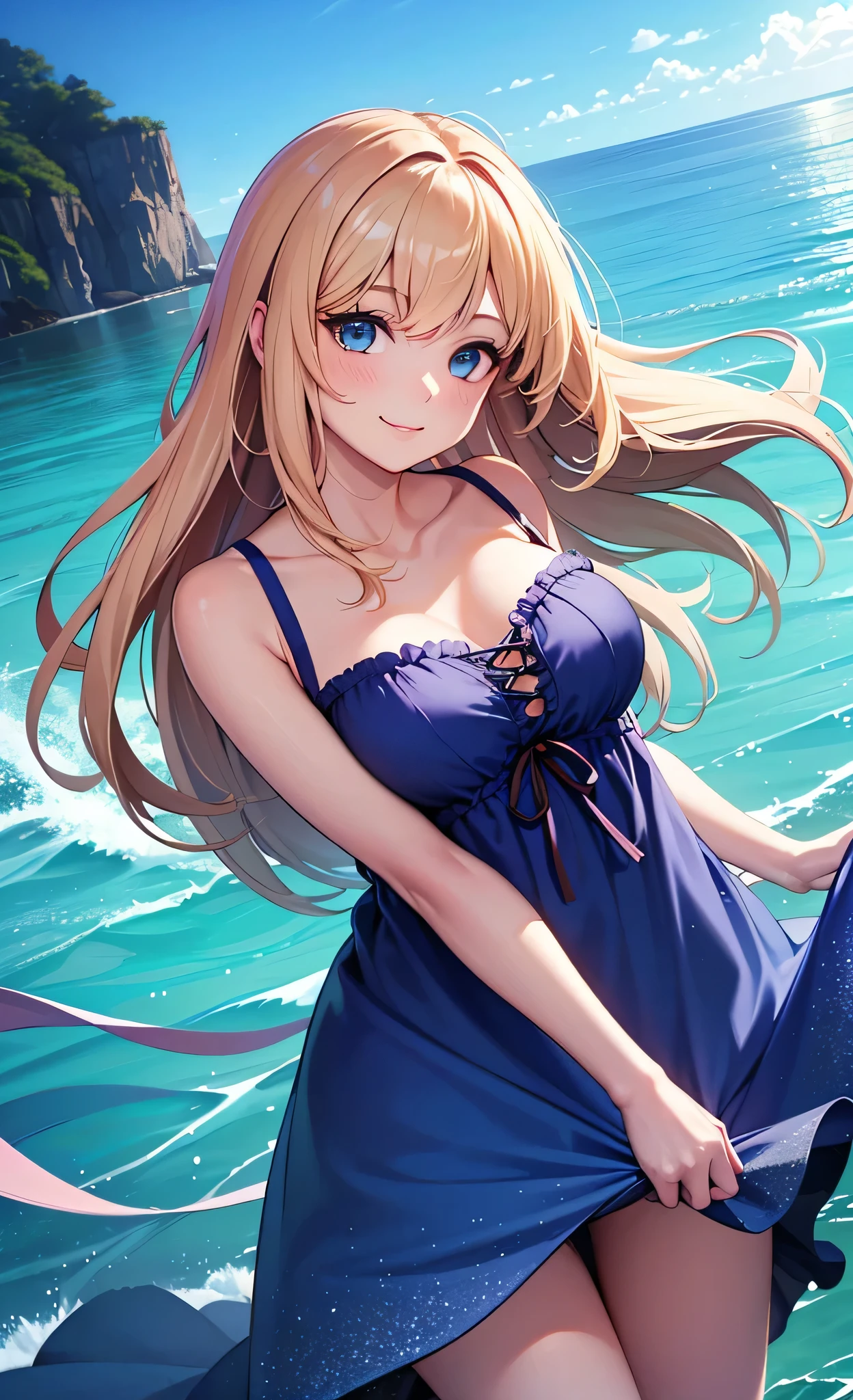 1woman, blonde-brown hair, moderate tan, longish flowy hair, blue eyes, neck collar, purple-blue bikini under clothing, bracelet, white panty, open chest shirt, translucent white shirt U V