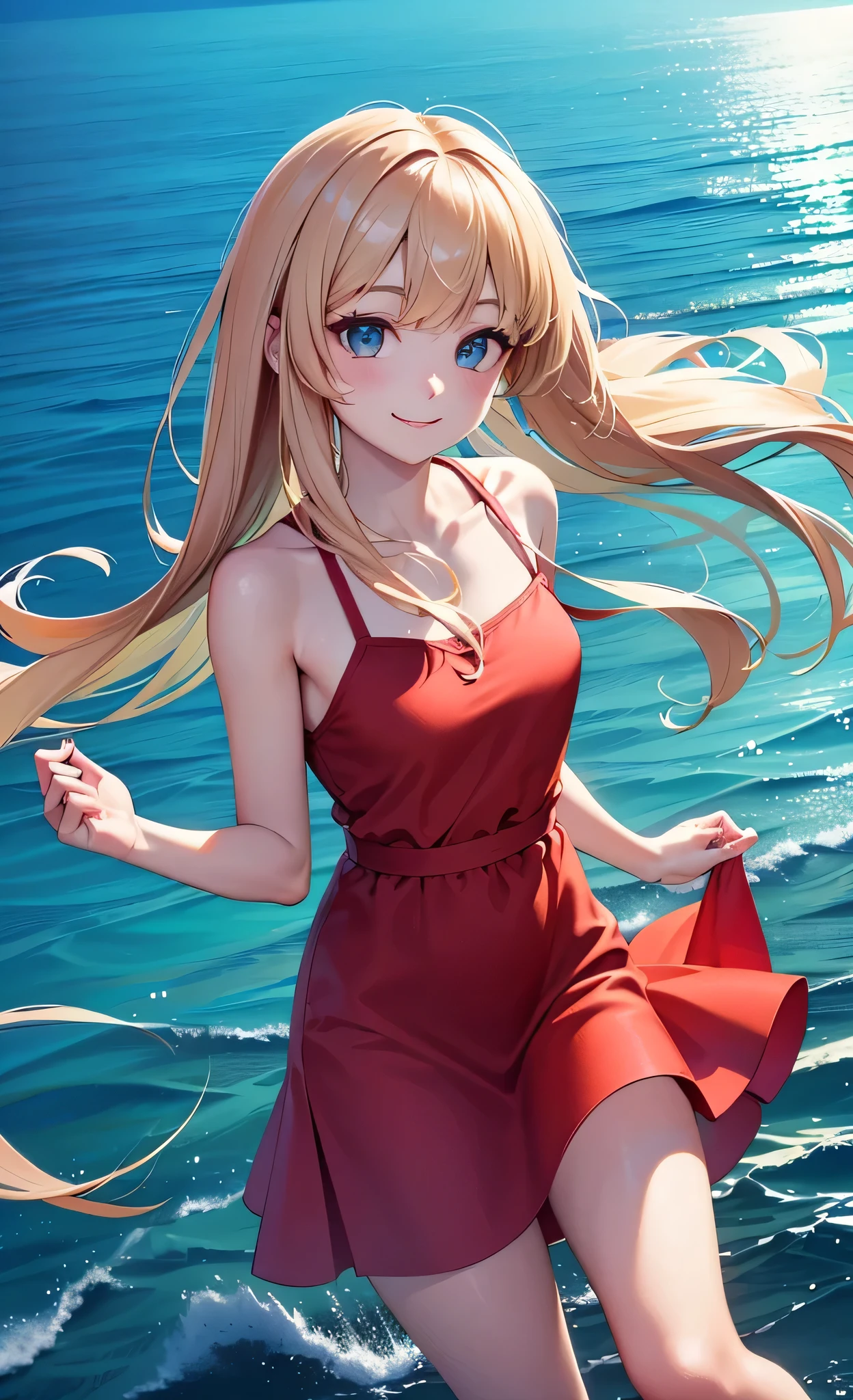 delicate and beautiful CG artwork with high-definition images),(TOP QUALITY, 超high definition, high definition),(Dynamic Angle, dynamic lighting),( 1 character ),(long pink and blond hair), beautiful eyes, beautiful face), 1 girl, ( plant, smile, Long-hemmed red dress, 3 d) facial details , ocean , water, The blue of the ocean shines, Hawaiian Coast, clear, In the Wind 、Stand and smile and look at the camera。