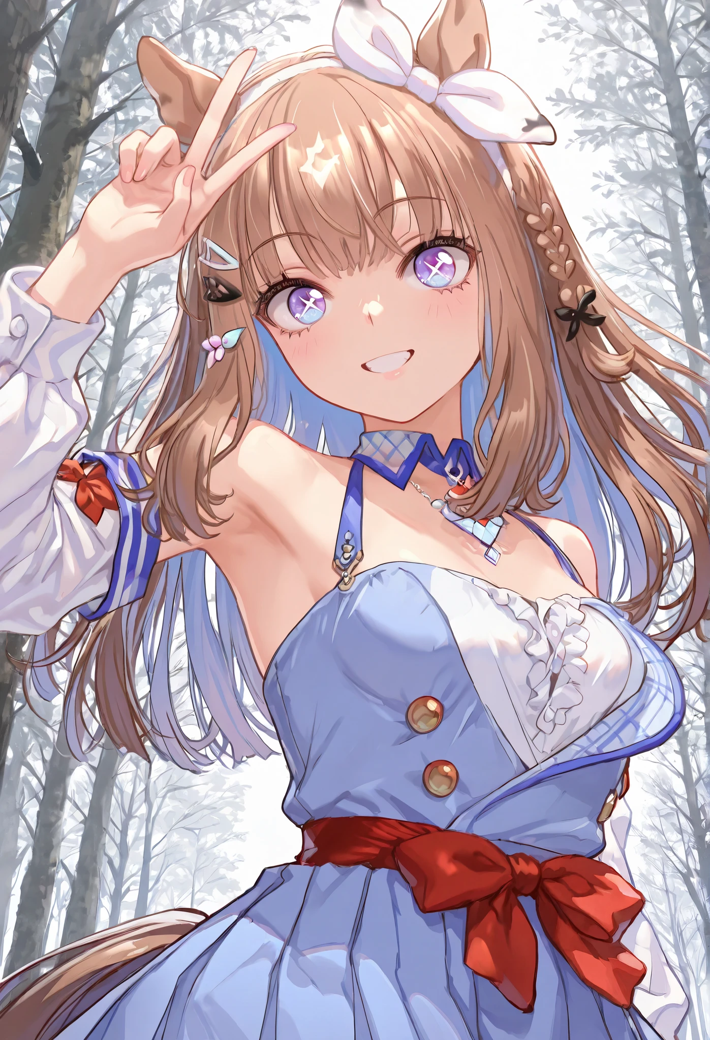 {{{ masterpiece}}}, {{{ TOP QUALITY}}}, {{ Ultra High Definition}}, { Illustration }, {{ very delicate and beautiful}}, {{{ masterpiece}}}, {{{ TOP QUALITY}}}, {{ Ultra High Definition}}, { Illustration }, {{ very delicate and beautiful}},{smile},{{{Uma Musume}}},{{{Almond Eye}}},{ happy smile}, {{{dynamic angle:1.5}}}, {{{point at viewer:1.5}}}, facing at viewer,{big red ribbon on the waist},{yellow ribbon on the sleeve},{Pop Background} medium breasts, spot light, cinematic angle, Chest Valley,{{{ forward bending}}} {armpit focus},{{Birch Forest}}