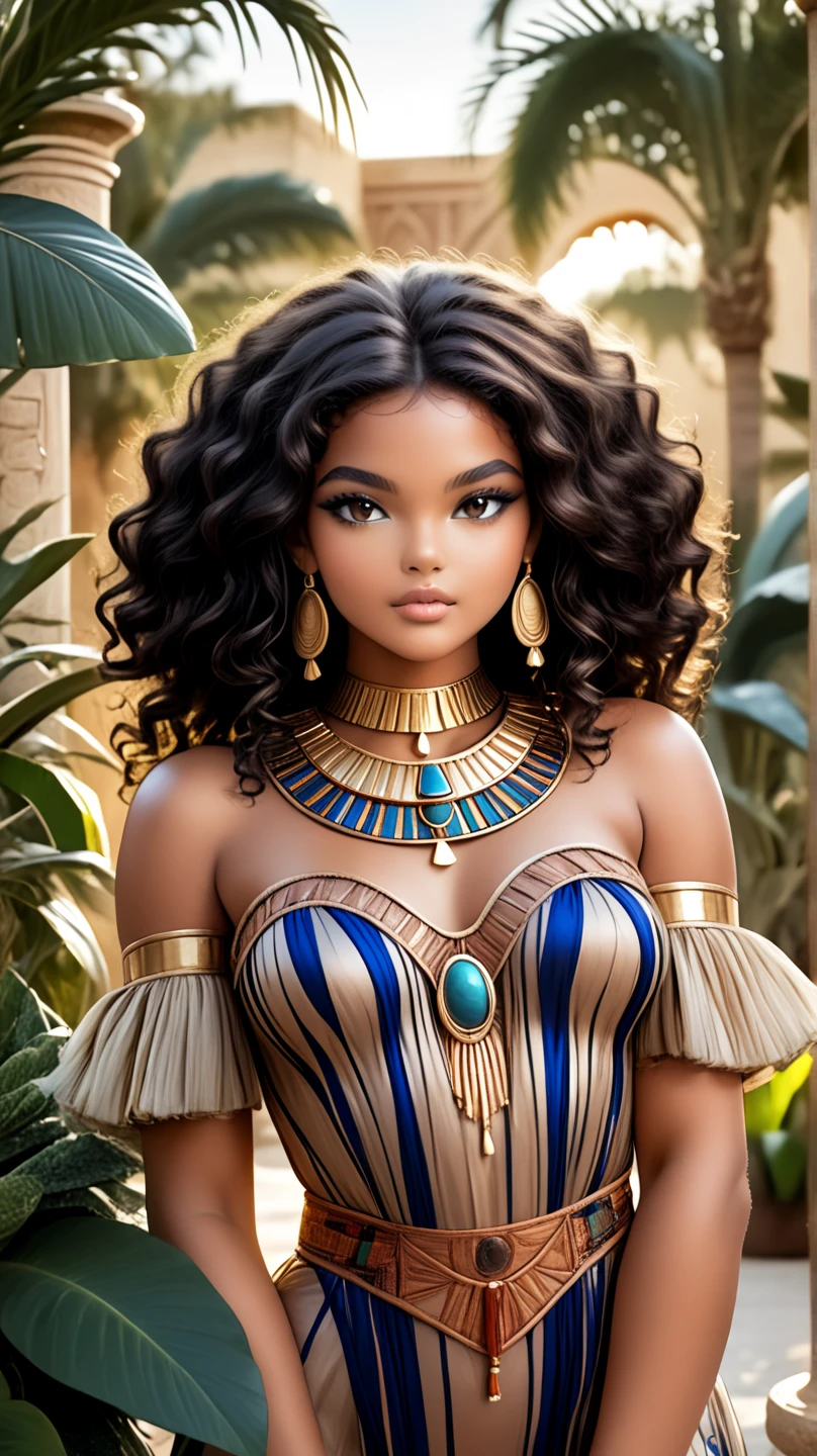 Photo of a beautiful woman in her midthirties, radiantly dressed as an Egyptian street goddess. She wears vibrant colors and intricate patterns inspired by the traditional costumes she carries. Her long, dark hair is a cascade of curls, adorned with gold bangles Photo of her in: static image: A close-up shot capturing the essence of an African goddess, her
