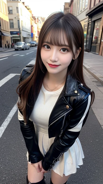 (highest quality,masterpiece:1.3,Ultra-high resolution),(Very detailed、Caustics) (Realistic:1.4, RAW shooting、)Ultra-Realistic Capture、Very detailed、Natural skin texture、masterpiece、(Japanese woman wearing a leather jacket and leather skirt:1.3), Adorable expression、Expressions of happiness、14 years old、height: 160cm、Young Face、Amazingly cute、Twin tails、Straight hair、Scrunchie、Black Hair、light makeup、necklace、H-cup busty、Shining thighs、Skin Arm、Background details、smile、An inviting gaze、Anatomically correct、Cowboy Shot、Attention to detail、Photographed on the main street of a summer resort、Empty Hands、No underwear、