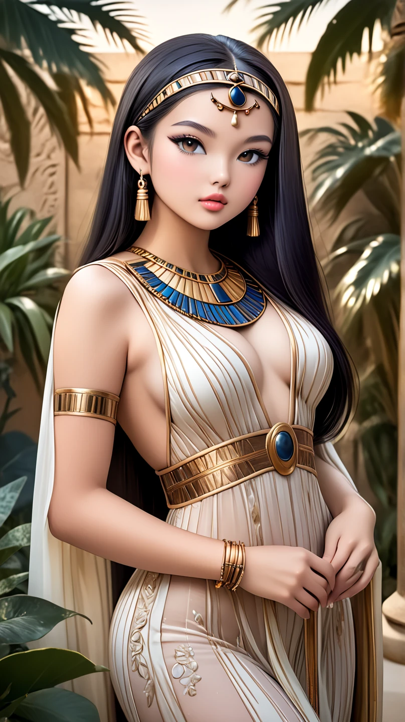 ((8k, masterpiece:1.3)) "Create an anime-style illustration (portrait) of a young and beautiful Egyptian woman, plating an electric guitar black matte colour, sitting in a chair illiminated by the sun. She has waist-length, wavy black hair, light brown skin, perfect sexy body, Ultra detailed face, detailed lips, detailed eyes. ((Egyptian makeup face. dark red lipstick)), Intricately crafted jewelry made from precious stones, beautiful long black hair, super cute face, very beautiful face, thin eyebrows, Beautiful and flawless face, ((Brown eyes)), very beautiful eyes, Beautiful and detailed makeup. wet eye makeup, eyelashes, pointed nose, earrings, ((typical clothing of ancient Egypt. Naked belly button, medium breasts)), chancletas, long legs, Whole body.