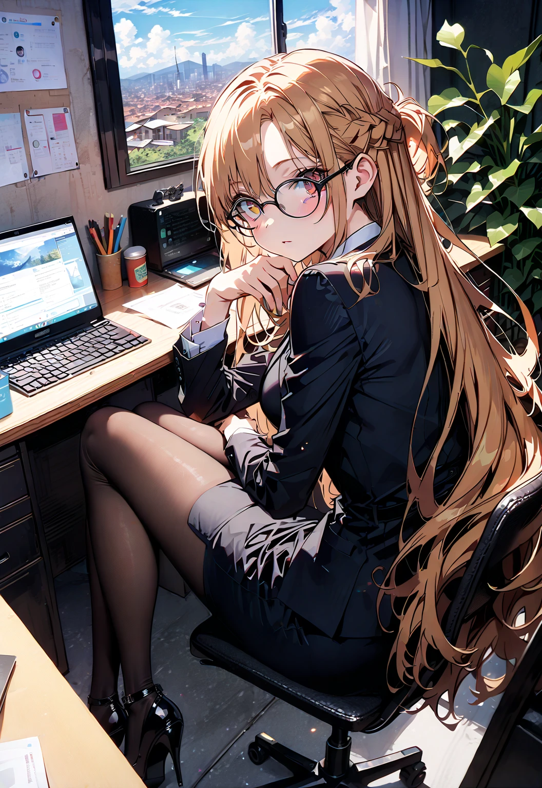 masterpiece,highres,high quality,extremely detailed,solo,
1girl,
one eye closed,head tilt,smile,parted lips,
eyewear,office_lady,skirt_suit,sunshine,tight skirt,desk,chair,
