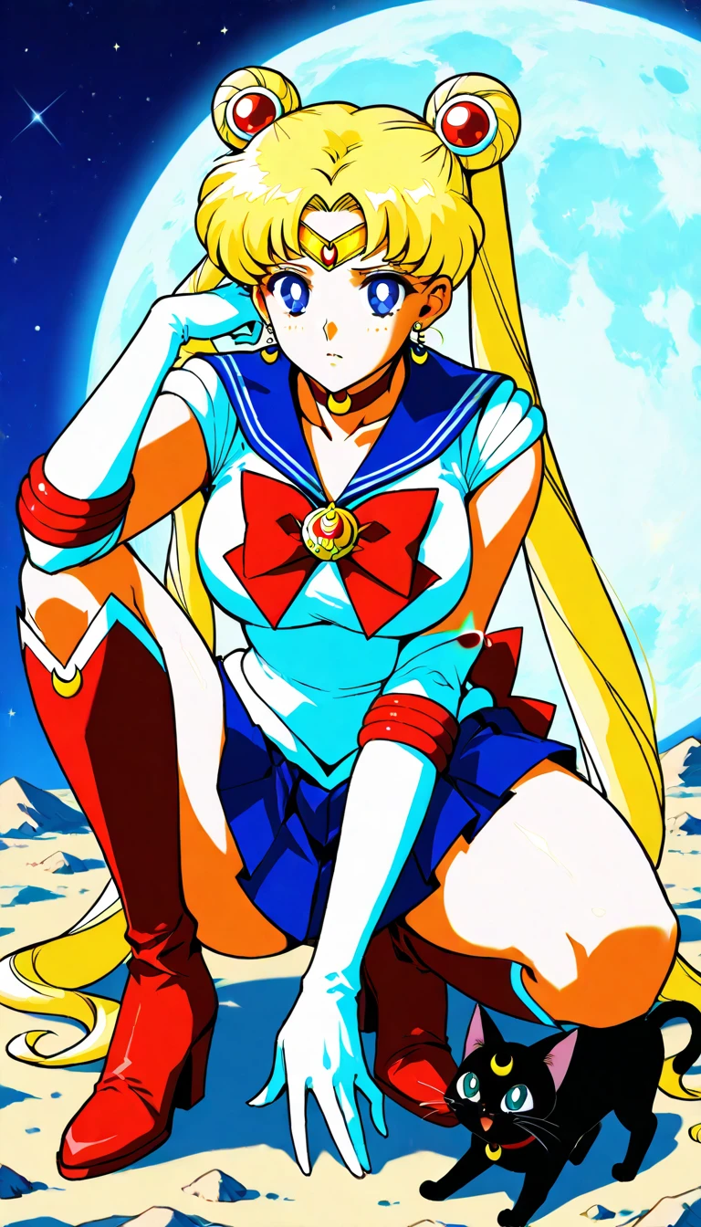 obra maestra, Mejor calidad, absurdos, perfect anatomy, 1 chica, Solo, SMMoon, 1990s \(Estilo\), rubia sailor moon, de pie, Sonrisa, tiro de vaquero, Uniforme Marinero Senshi, cuello marinero, falda azul, guantes de codo, en postura de espalda, Show off your loot, backward, No hay tanga Big Booty, Minifalda ultra ( postura de espalda, backward, Show off your loot)
