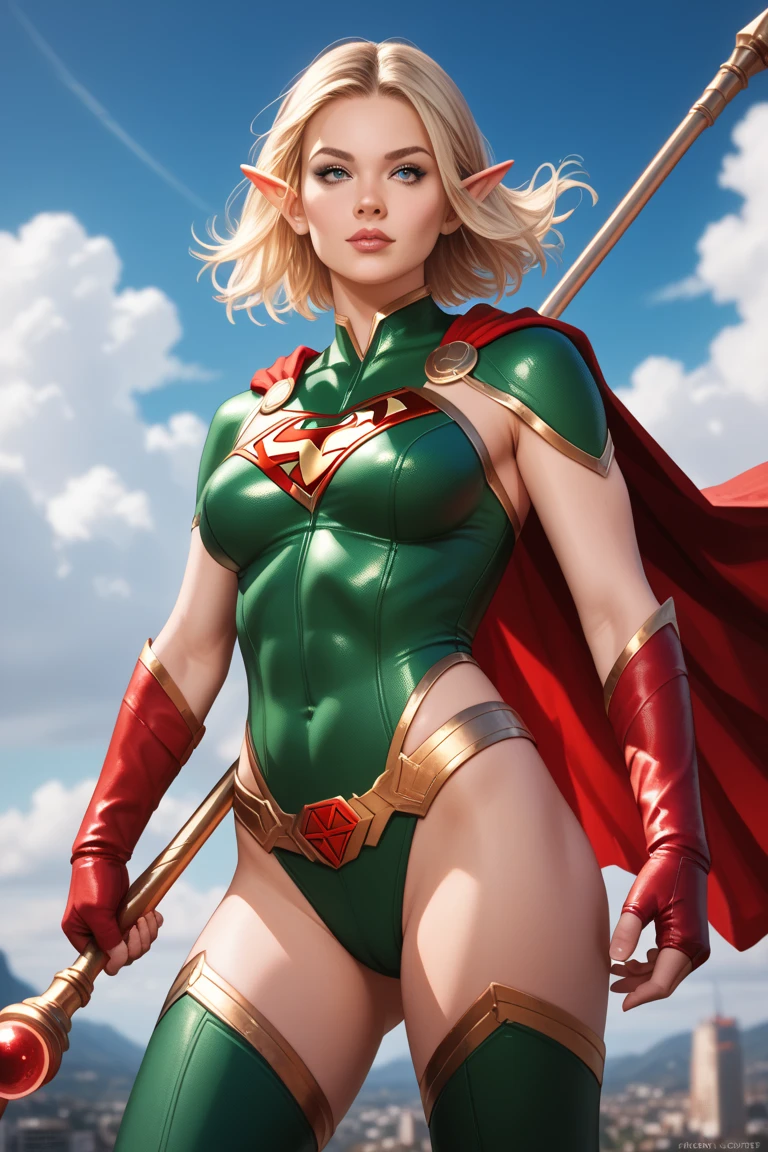 1girls, (solo:1.3), (cowboy shot:1.3), (looking at viewer:1.2), (hero pose:1.3),
pwrgirl, cape, leotard, cleavage cutout, long sleeves, blue gloves, red belt, (large breasts:1.3), curvy, white leotard
BREAK sakimichan, (realistic shading:1.2), semi-realistic proportions, soft shading, minimal lineart
BREAK intricate details, (masterpiece:1.3), (best quality:1.3), (perfect anatomy:1.4) BREAK, (beautiful white clouds:1.3), puffy clouds, white sky